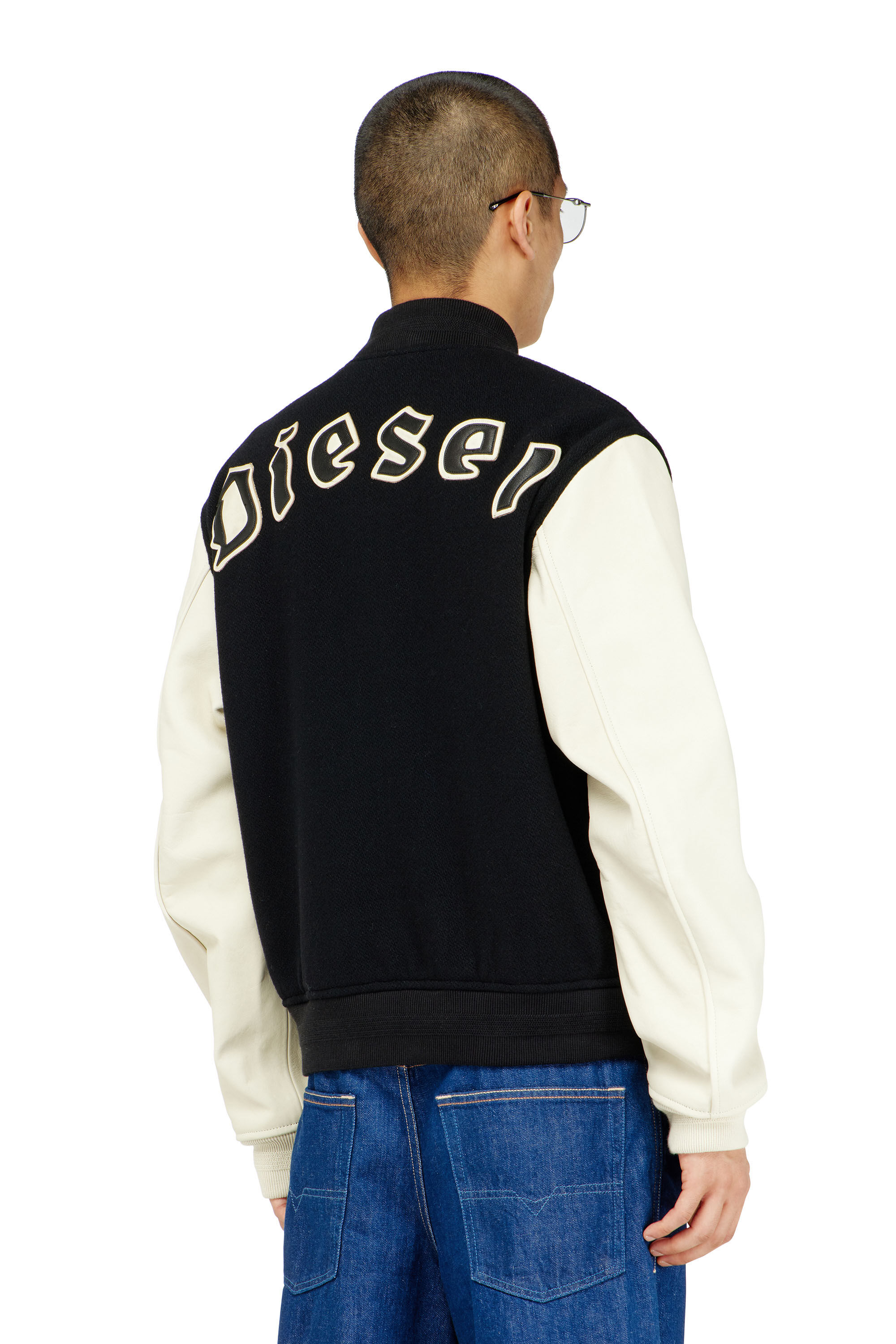 Diesel - L-ARRY-WRD, Man's Bomber jacket in wool blend and leather in Black/White - 4