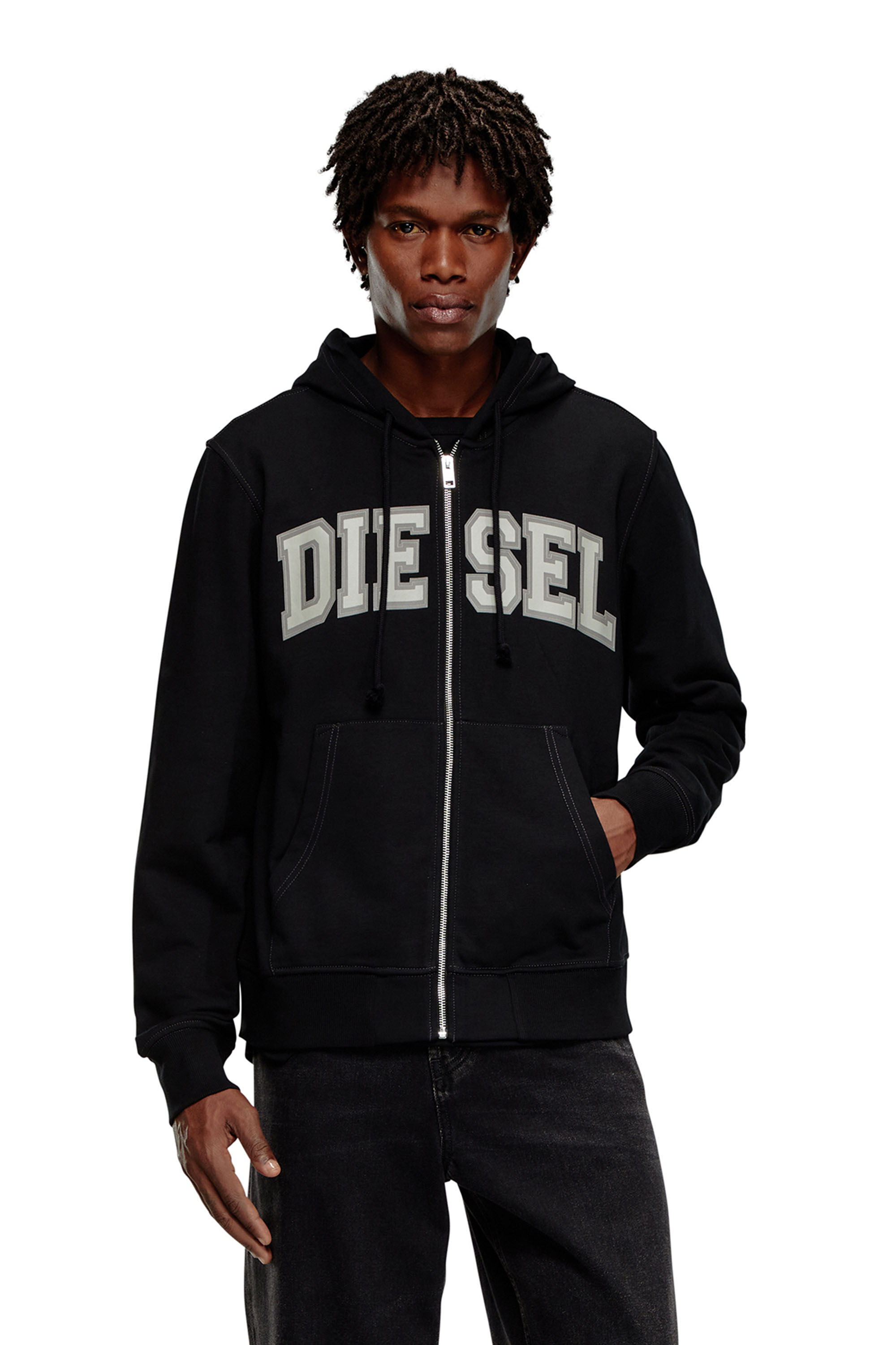 Men's Zip-up hoodie with collegiate graphics | Black | Diesel FI