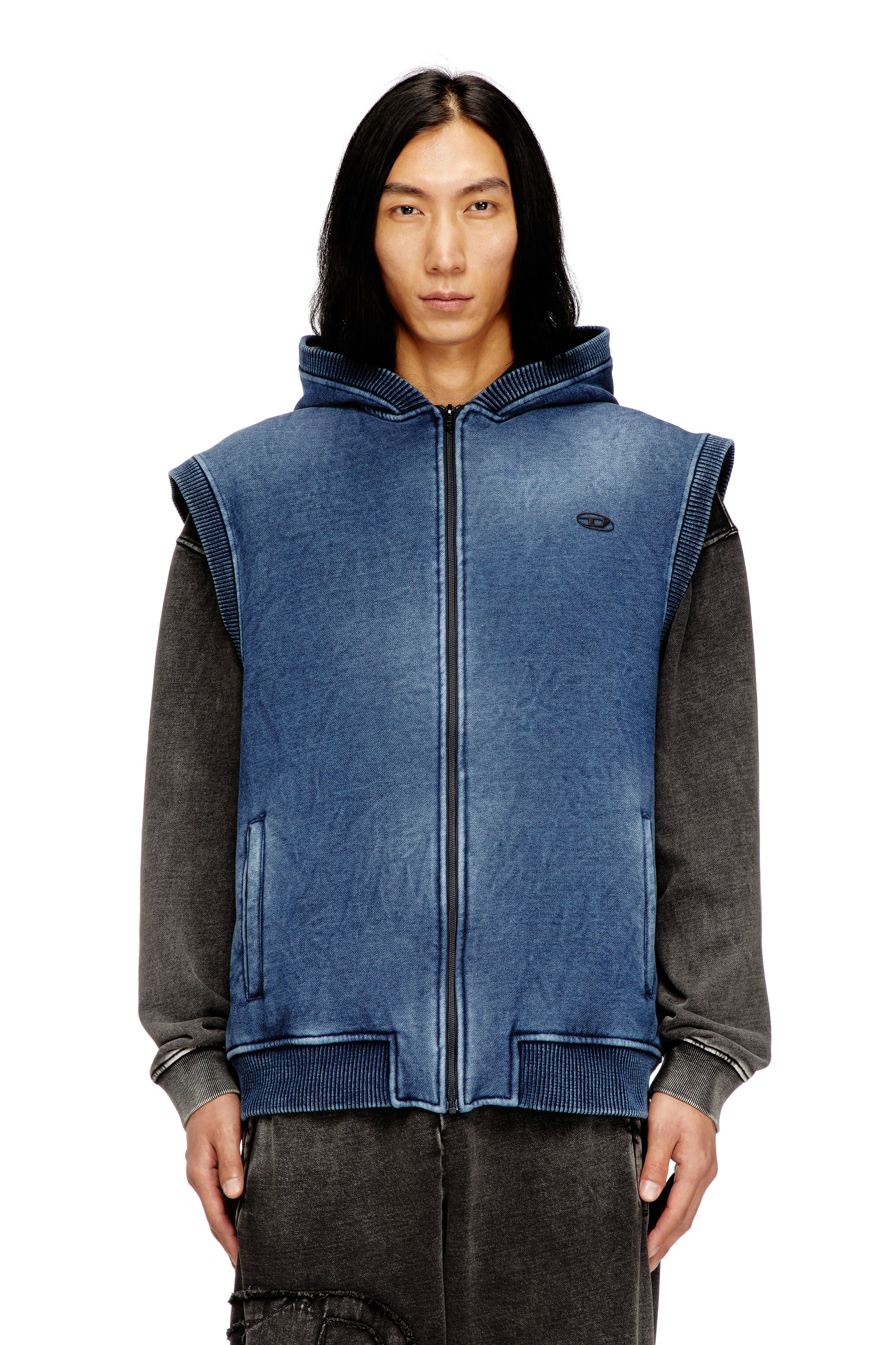 Men's Teddy-lined sleeveless zip-up hoodie | Blue | Diesel FI