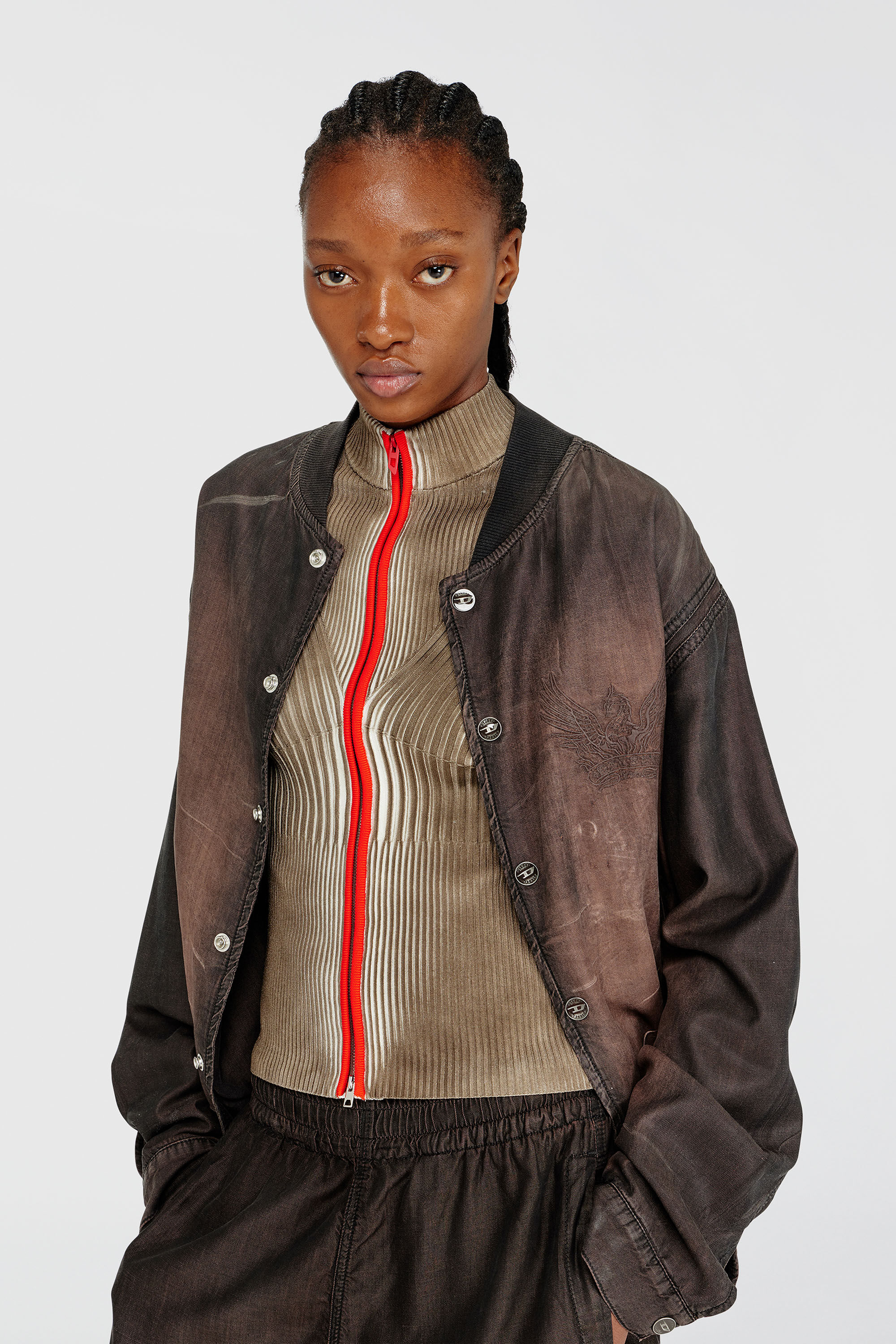 Diesel - M-SARMA, Woman's Ribbed zip cardigan with contrast bands in Red/Brown - 5