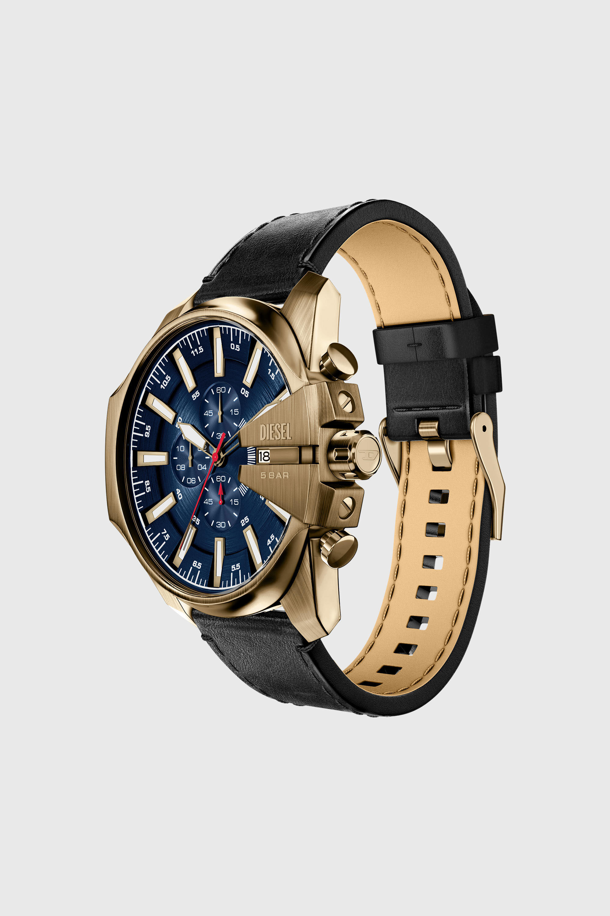 Diesel - DZ4732 WATCH, Man's Mega Chief Slim antique gold-tone black leather watch in Black - 6
