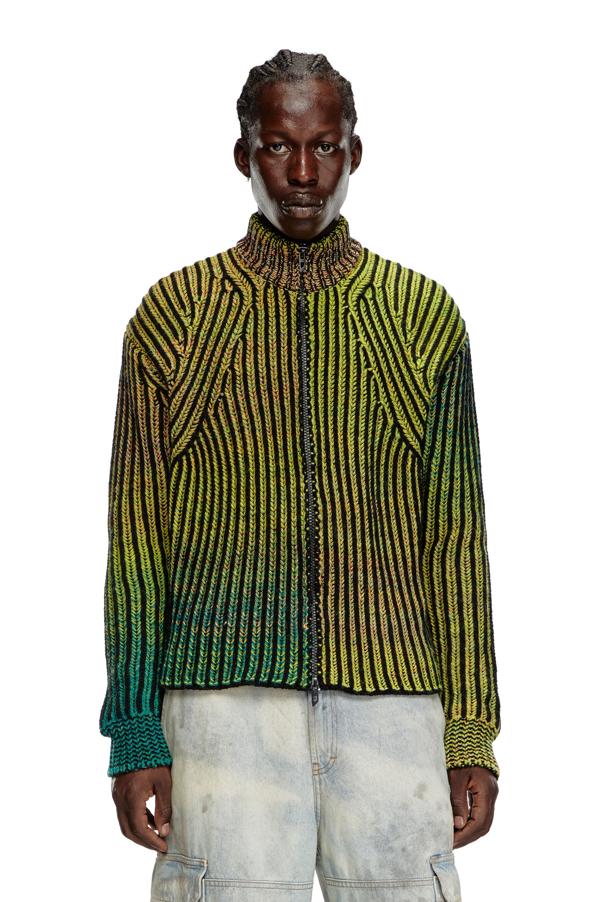 Men s Striped ribbed zip up cardigan Green Diesel
