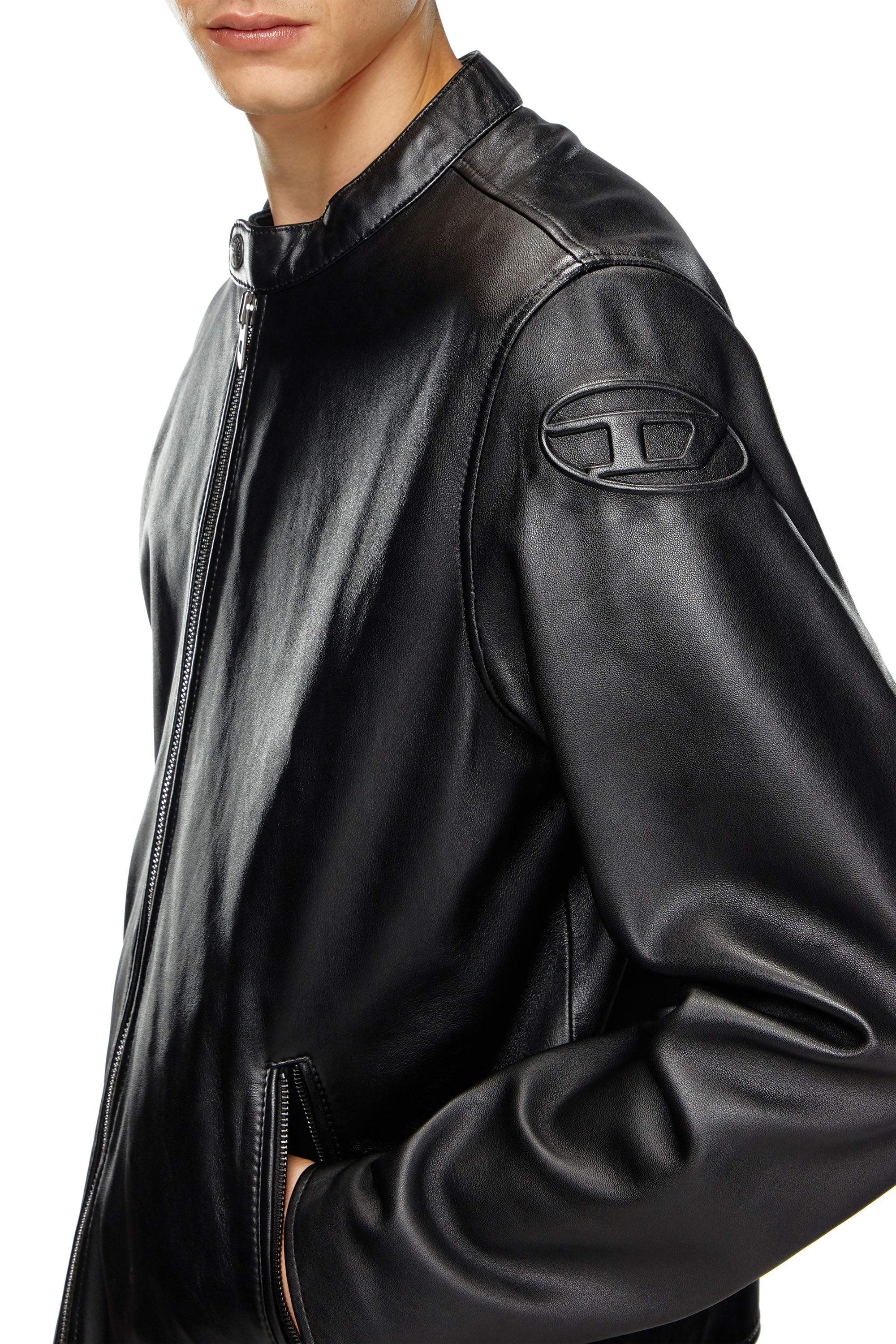 Men's Leather biker jacket with embossed logo | Black | Diesel Men's Leather biker jacket with embossed logo | Black | Diesel