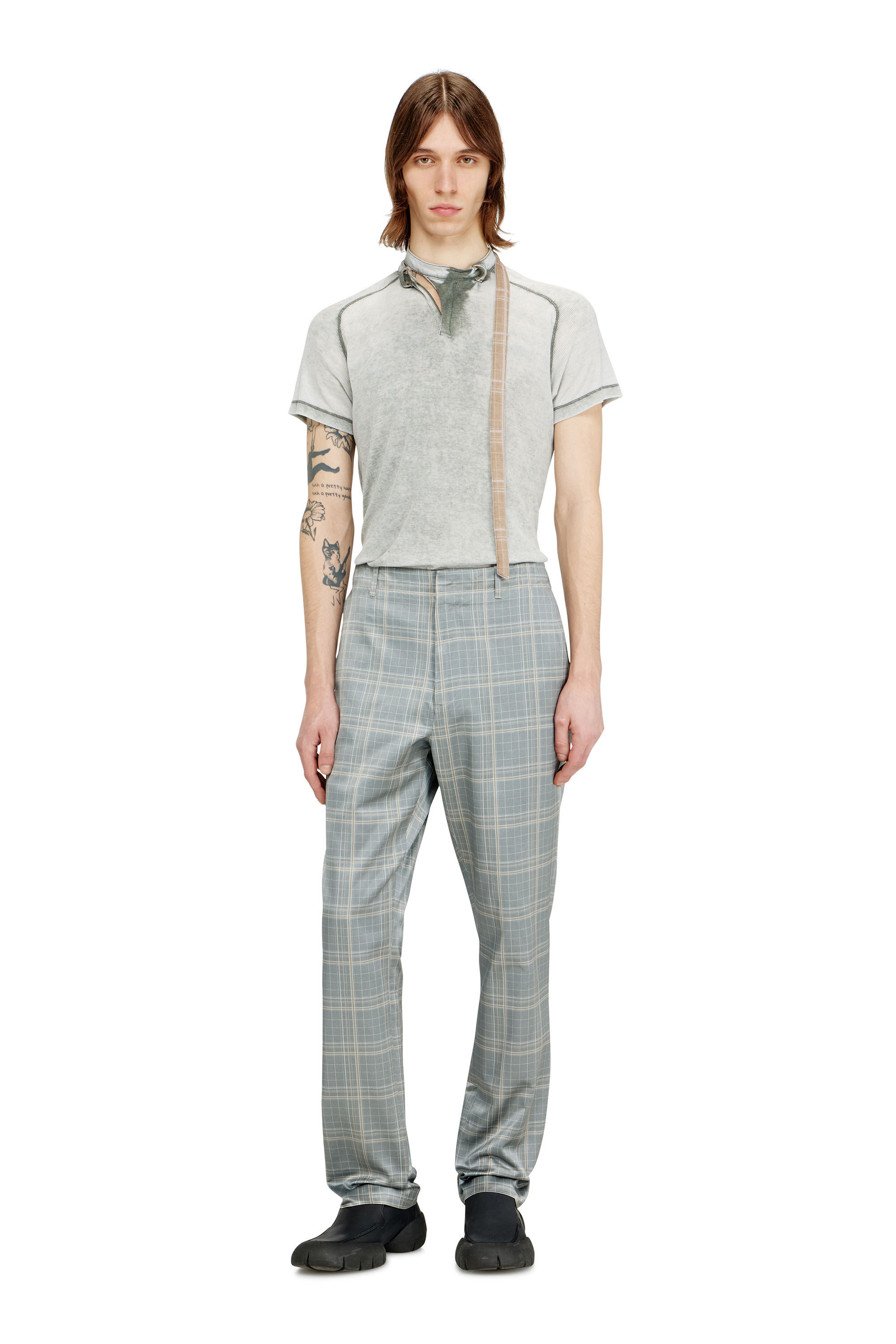 Diesel - T-GARY, Man's Rib-jersey top with biker neck strap in Grey - 1