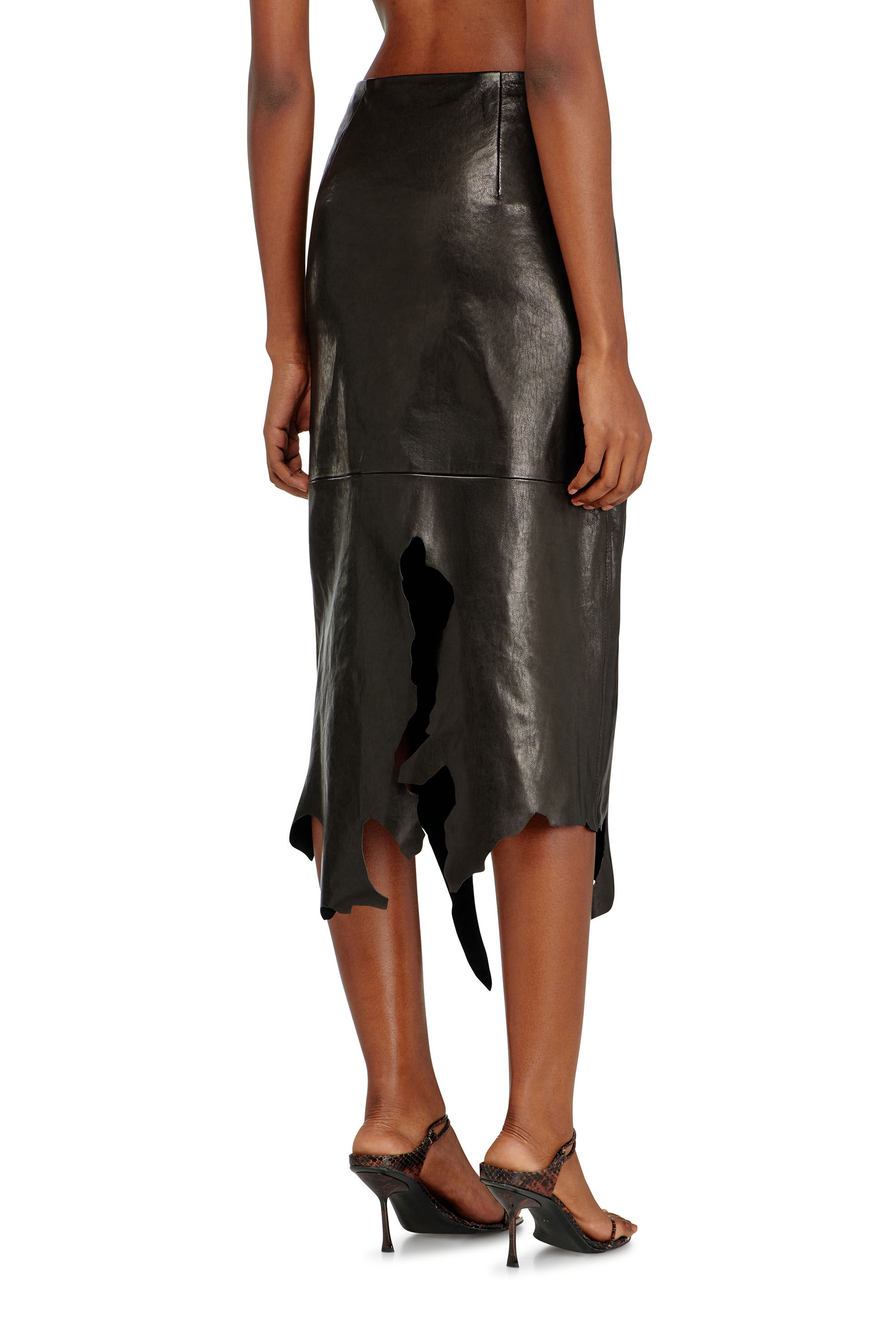 Women's Leather midi skirt with jagged hem | Black | Diesel