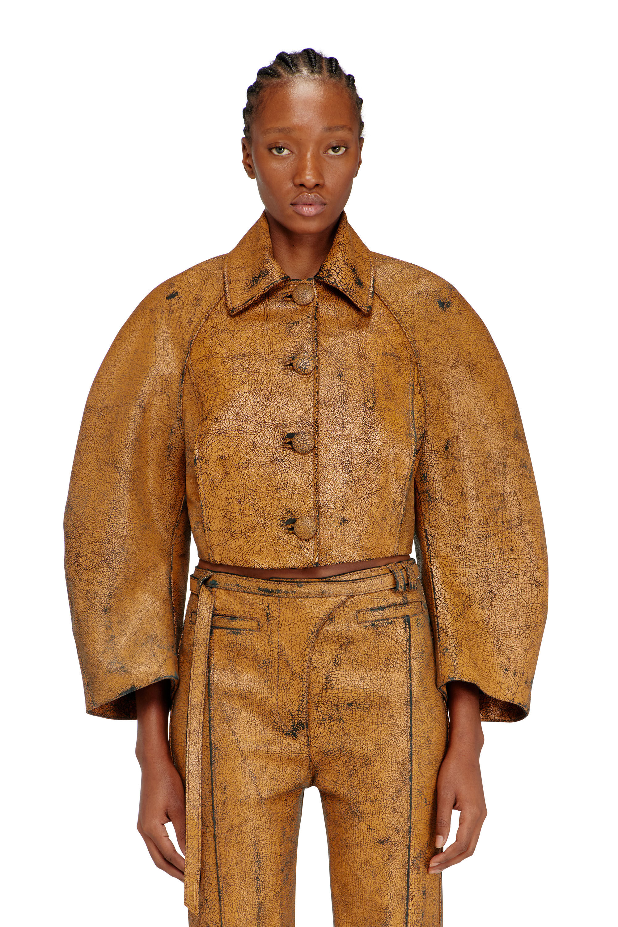Women's Cropped cocoon jacket in crackle leather | Brown | Diesel