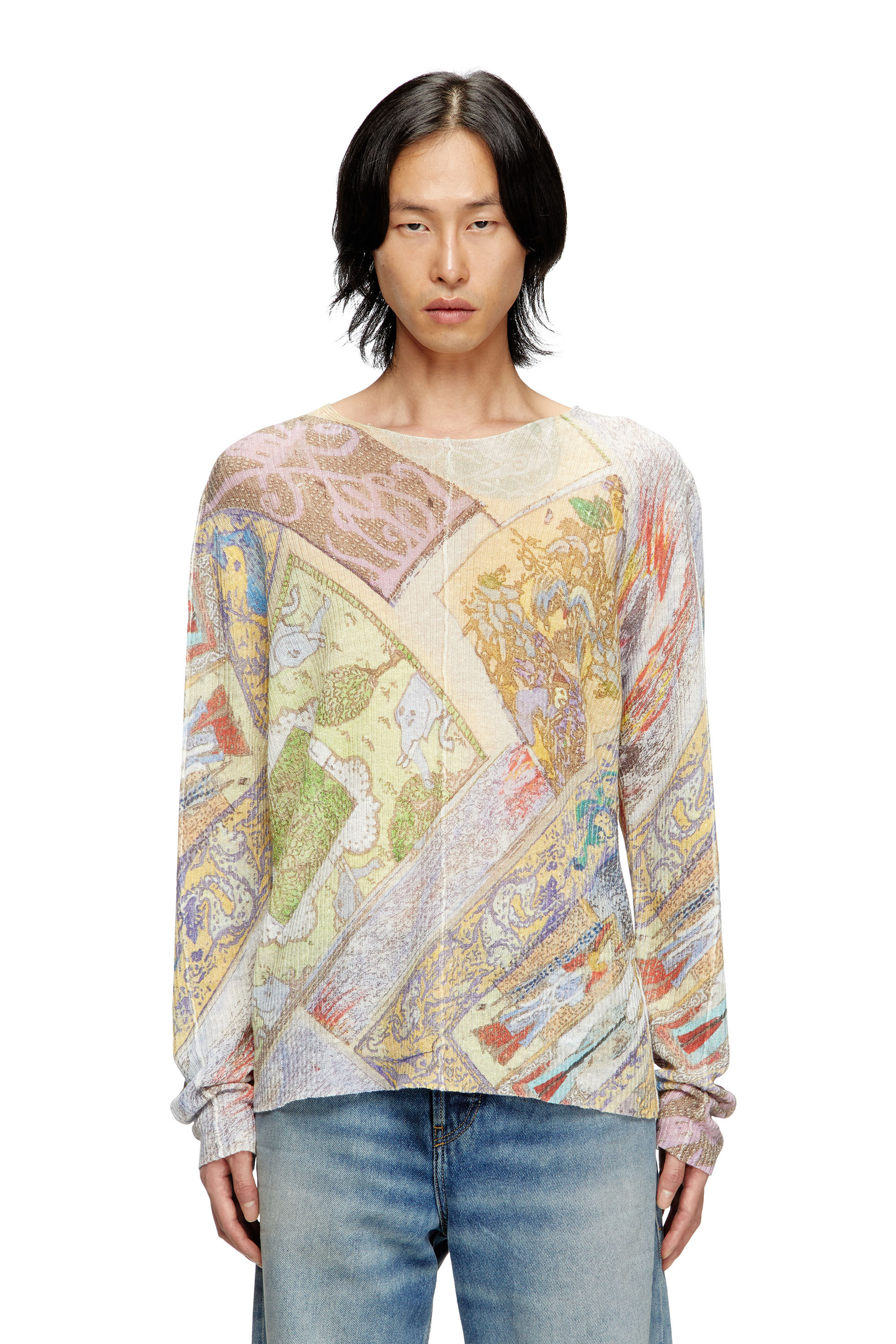 Diesel - K-RENTON, Man's Linen jumper with medieval print in Beige/Yellow - 3