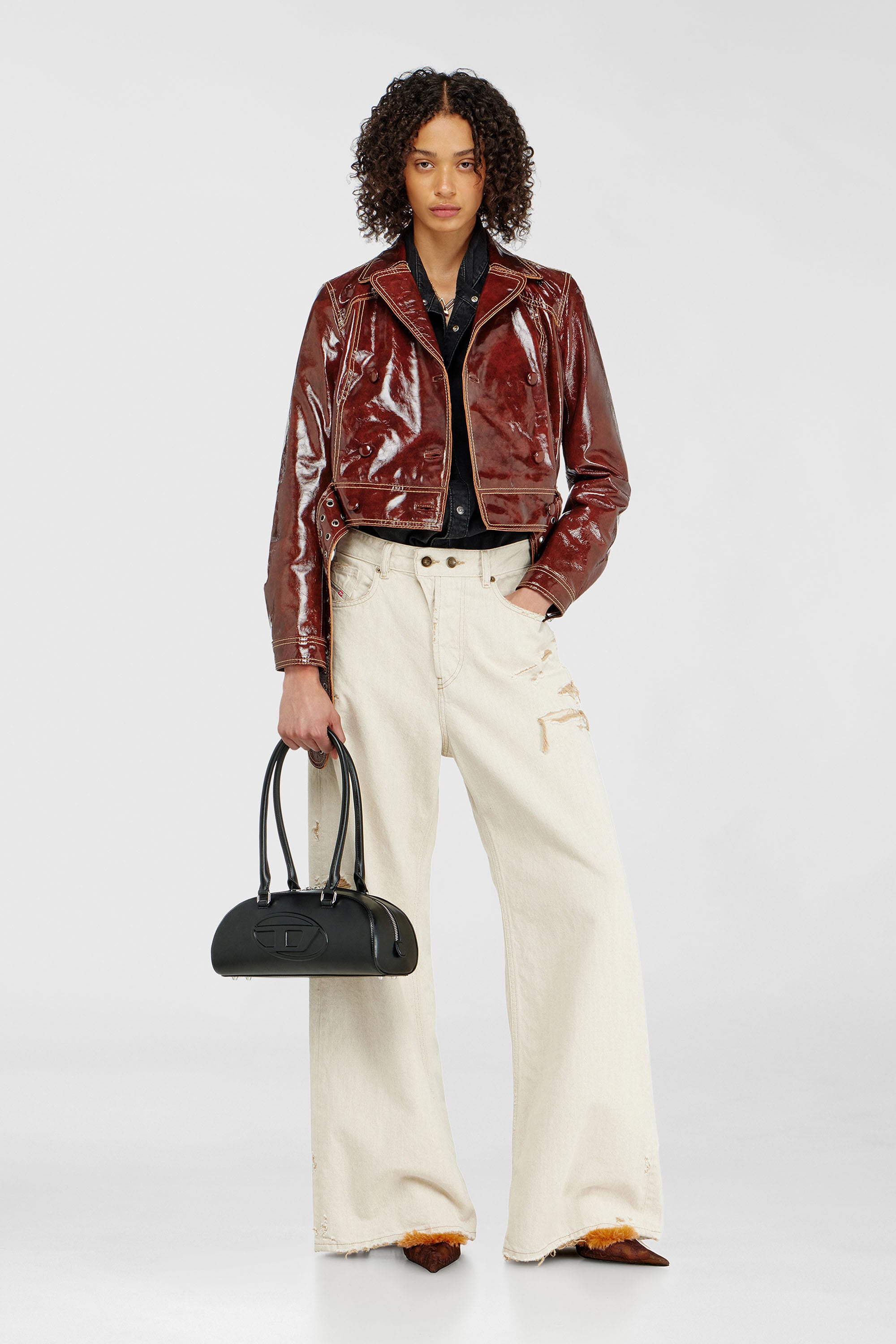Diesel - L-EGEND, Woman's Patent-leather jacket with large belt in Brown - 1