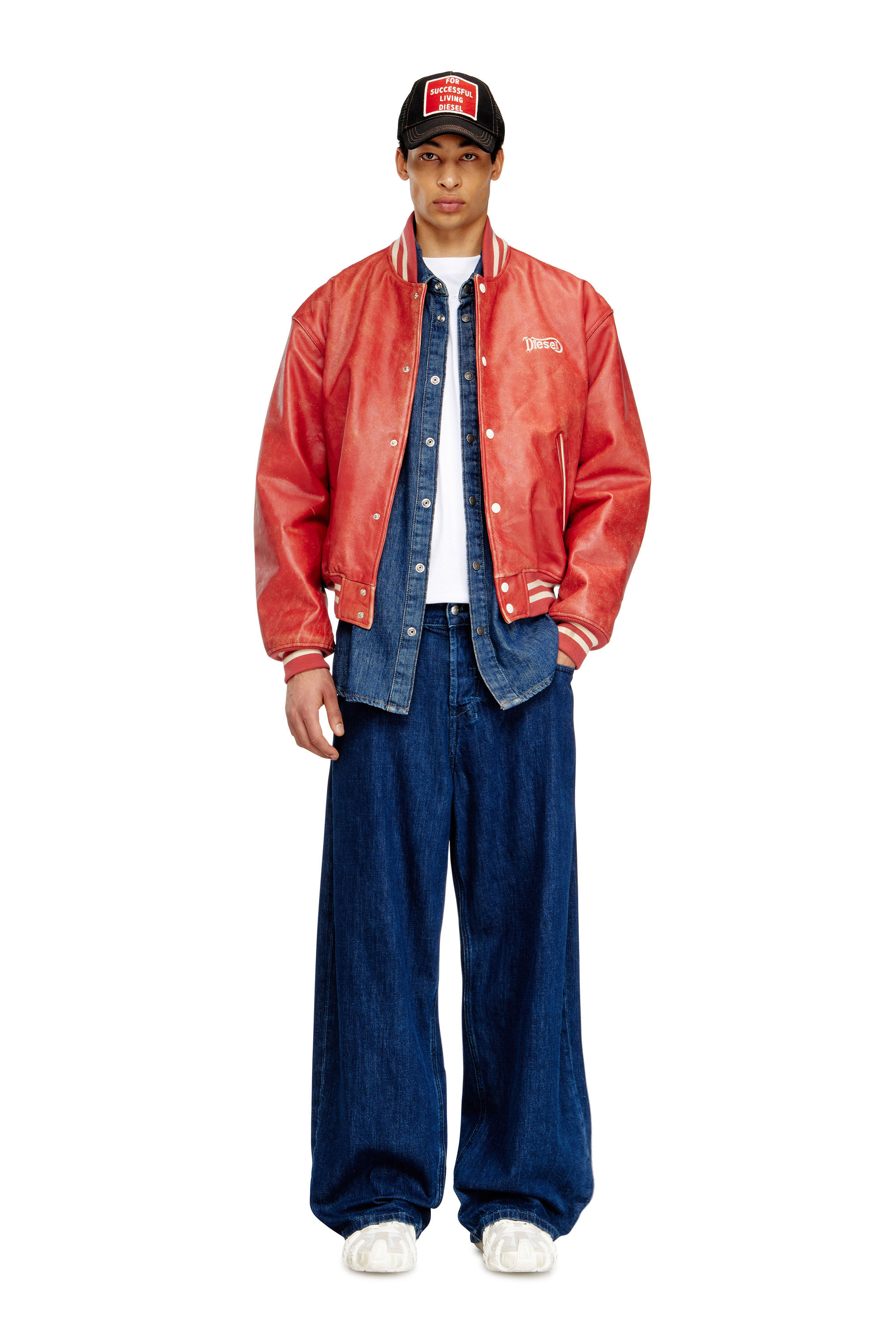 Women's Leather bomber jacket with Diesel logo | Red | Diesel