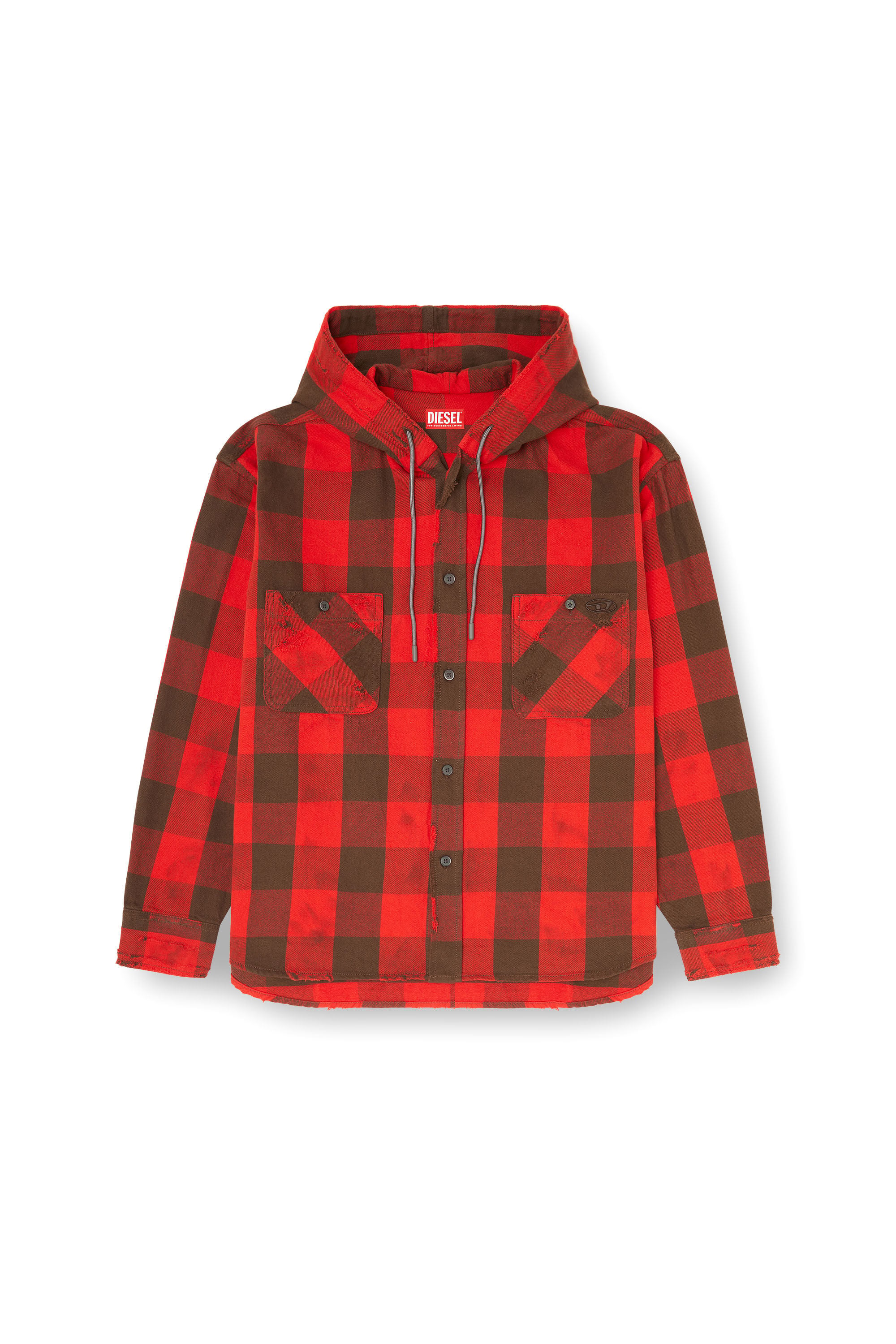 Diesel - S-DRUM-HOODY, Man's Distressed hooded shirt in check flannel in null - 2