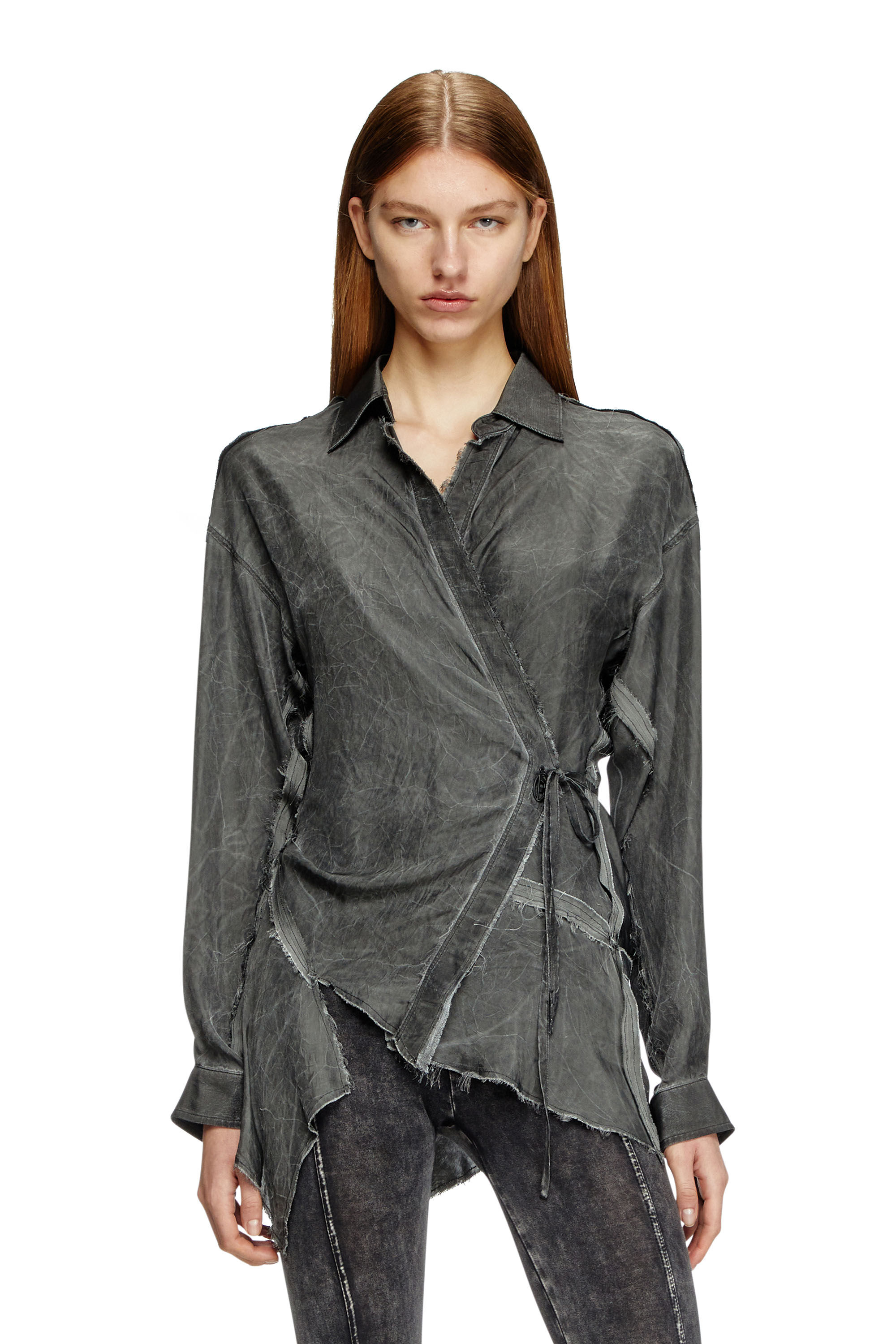Diesel - C-RAZY-Q1, Woman's Asymmetric wrap shirt in wrinkled twill in Black - 3