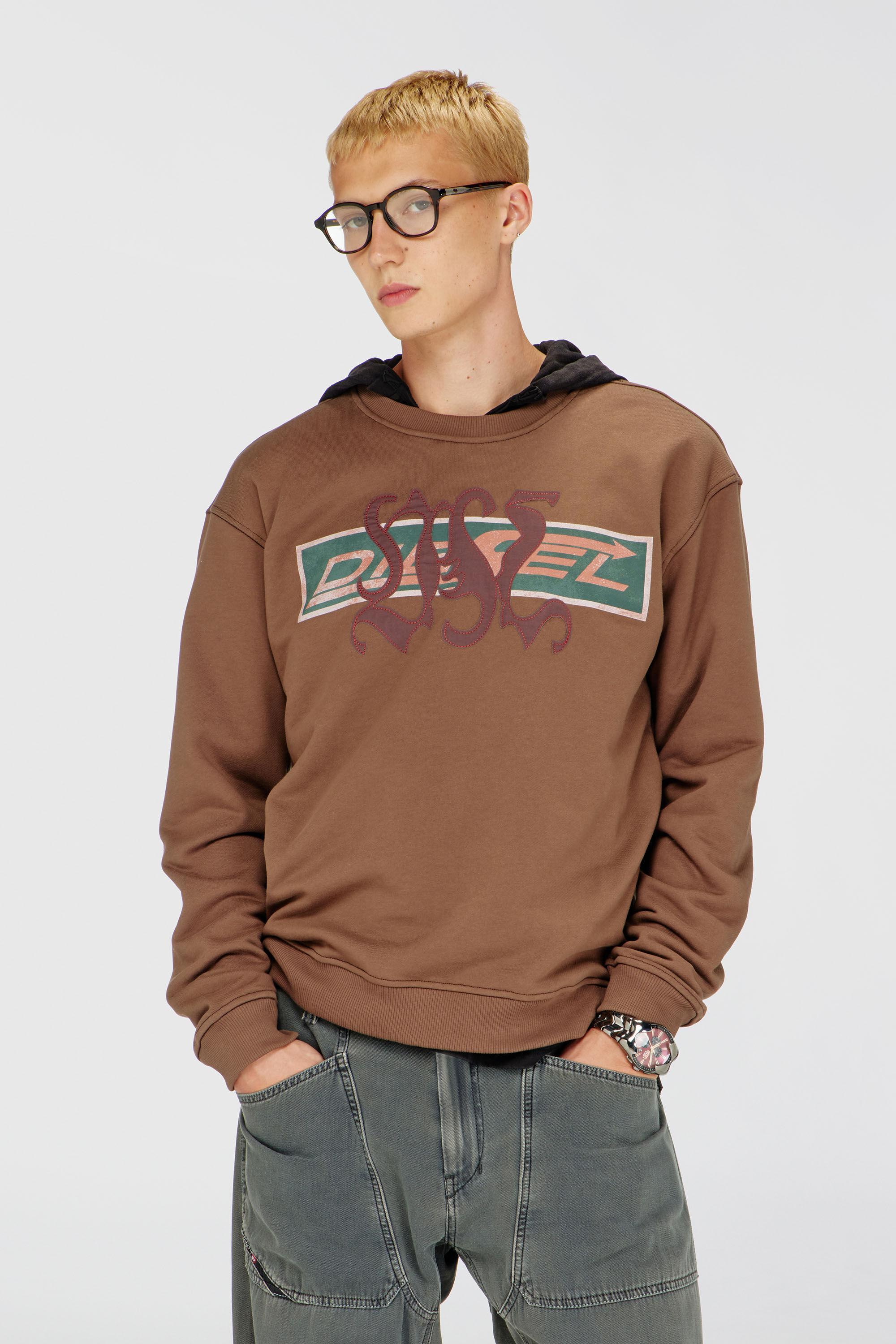 Diesel - S-NORM-AA6, Man's Sweatshirt with graphic prints and patches in Brown - 3