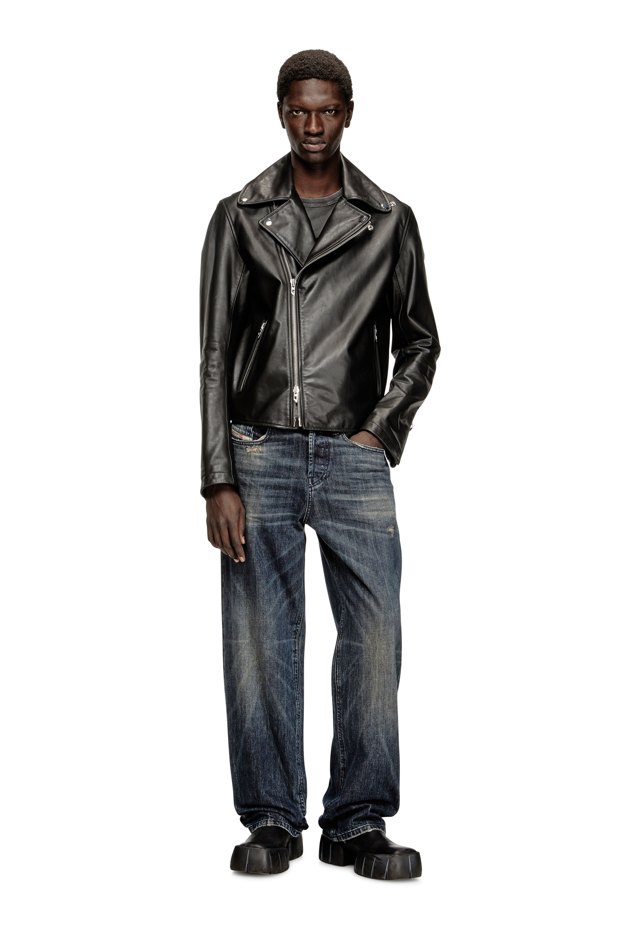 Men's Biker jacket in waxed leather | Black | Diesel FI