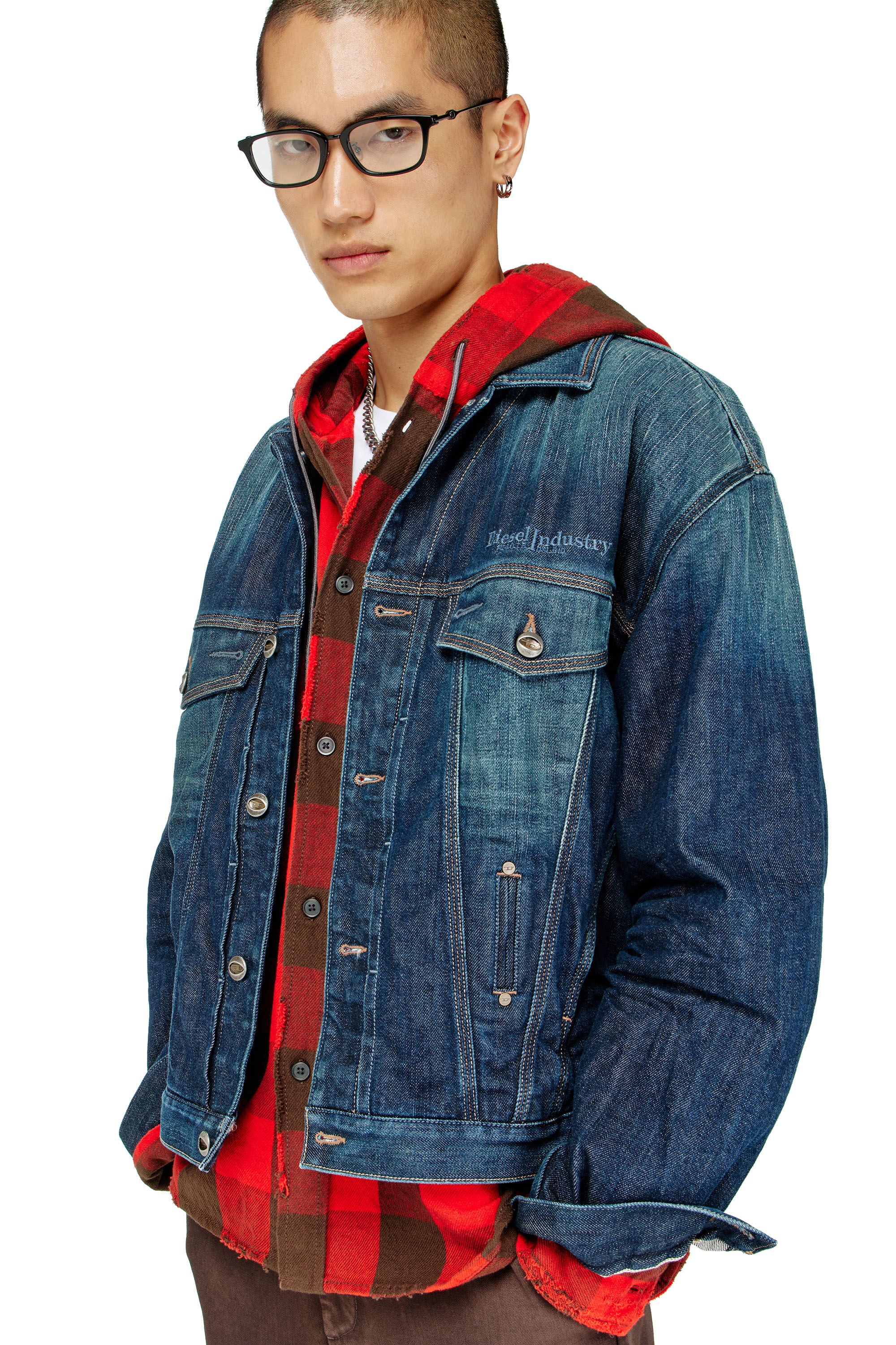 Diesel - S-DRUM-HOODY, Man's Distressed hooded shirt in check flannel in null - 5