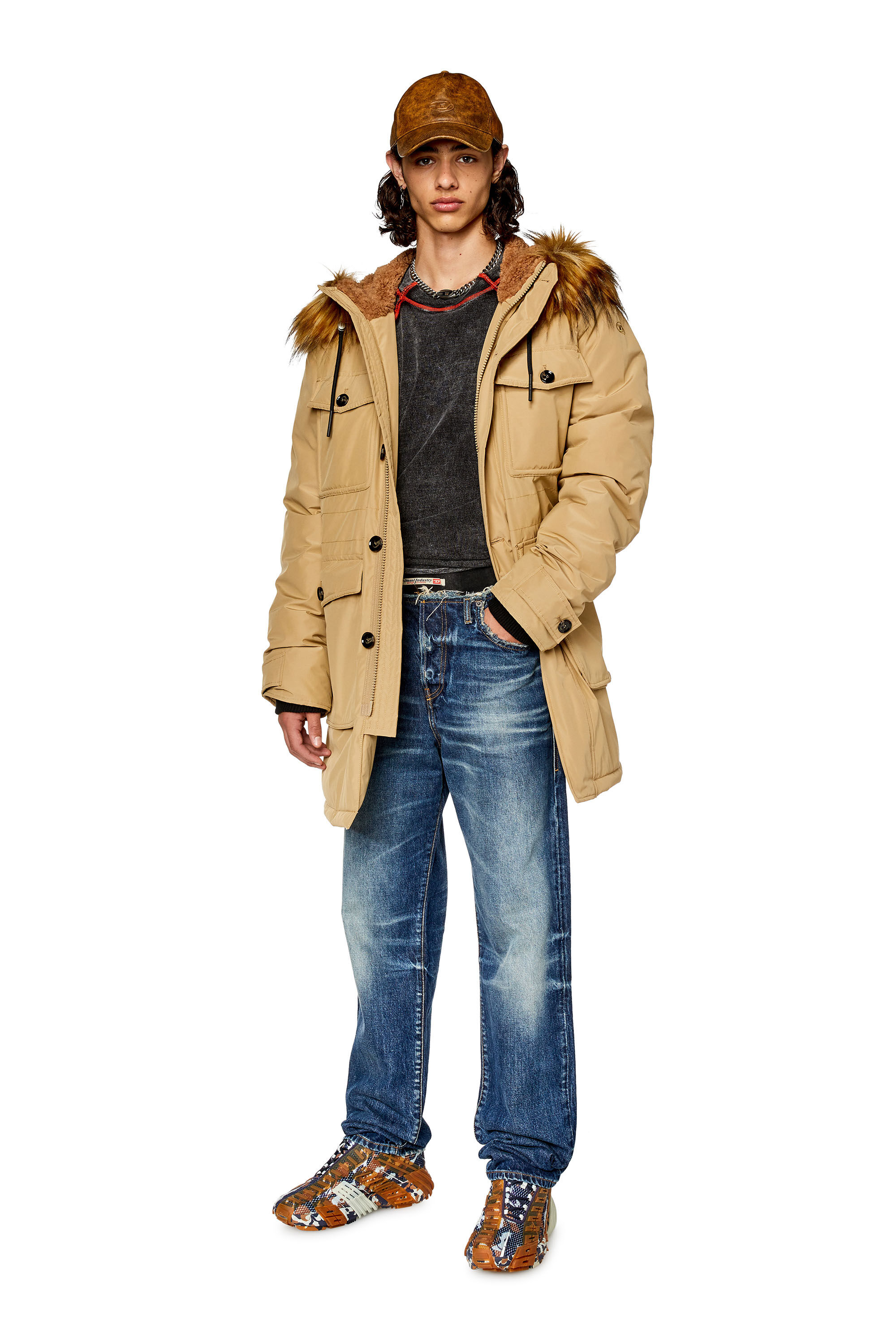 Men's Padded parka with fluffy trim at hood | Brown | Diesel FI