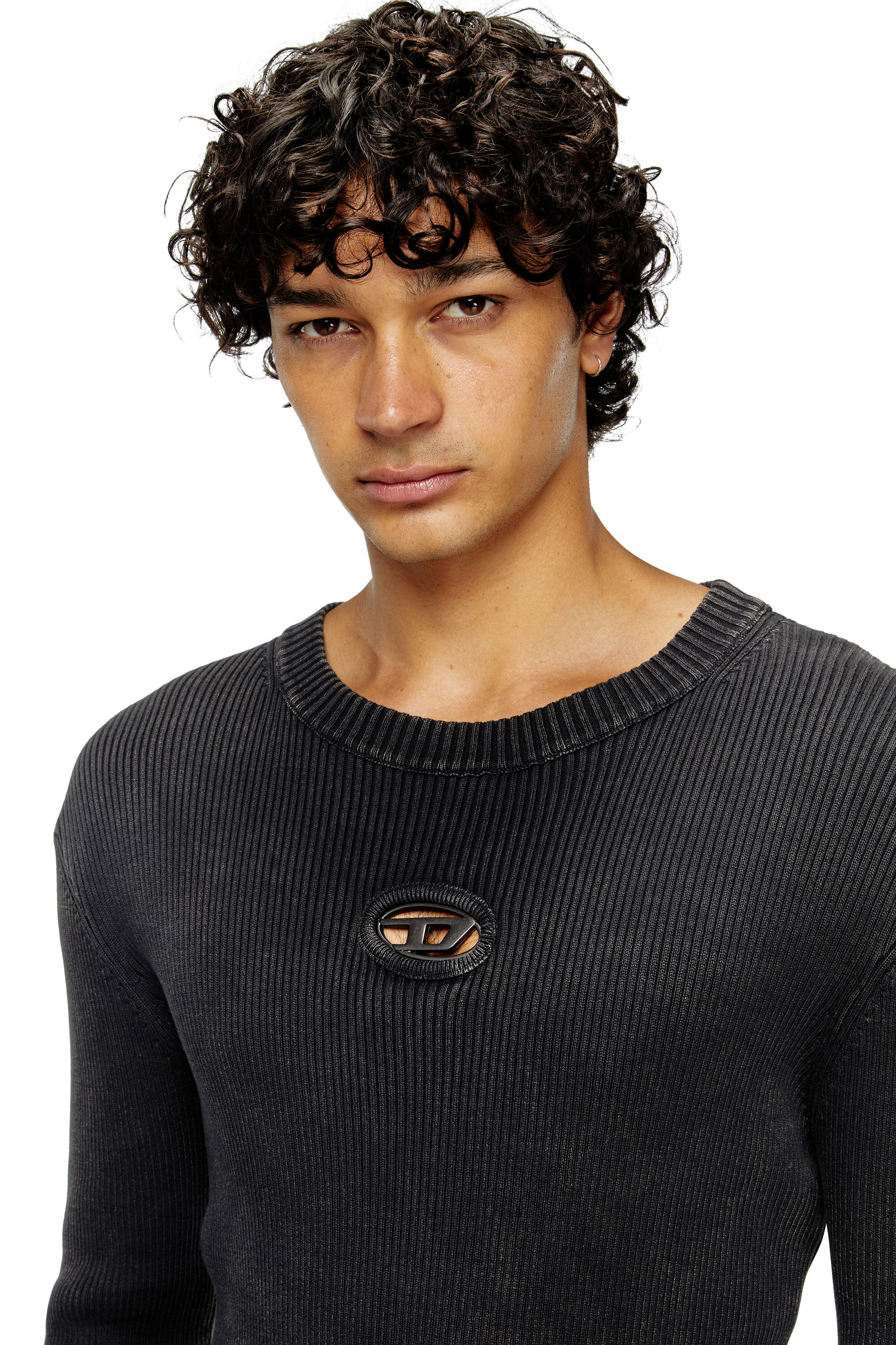 Men's Distressed jumper with cut-out logo | Black | Diesel FI