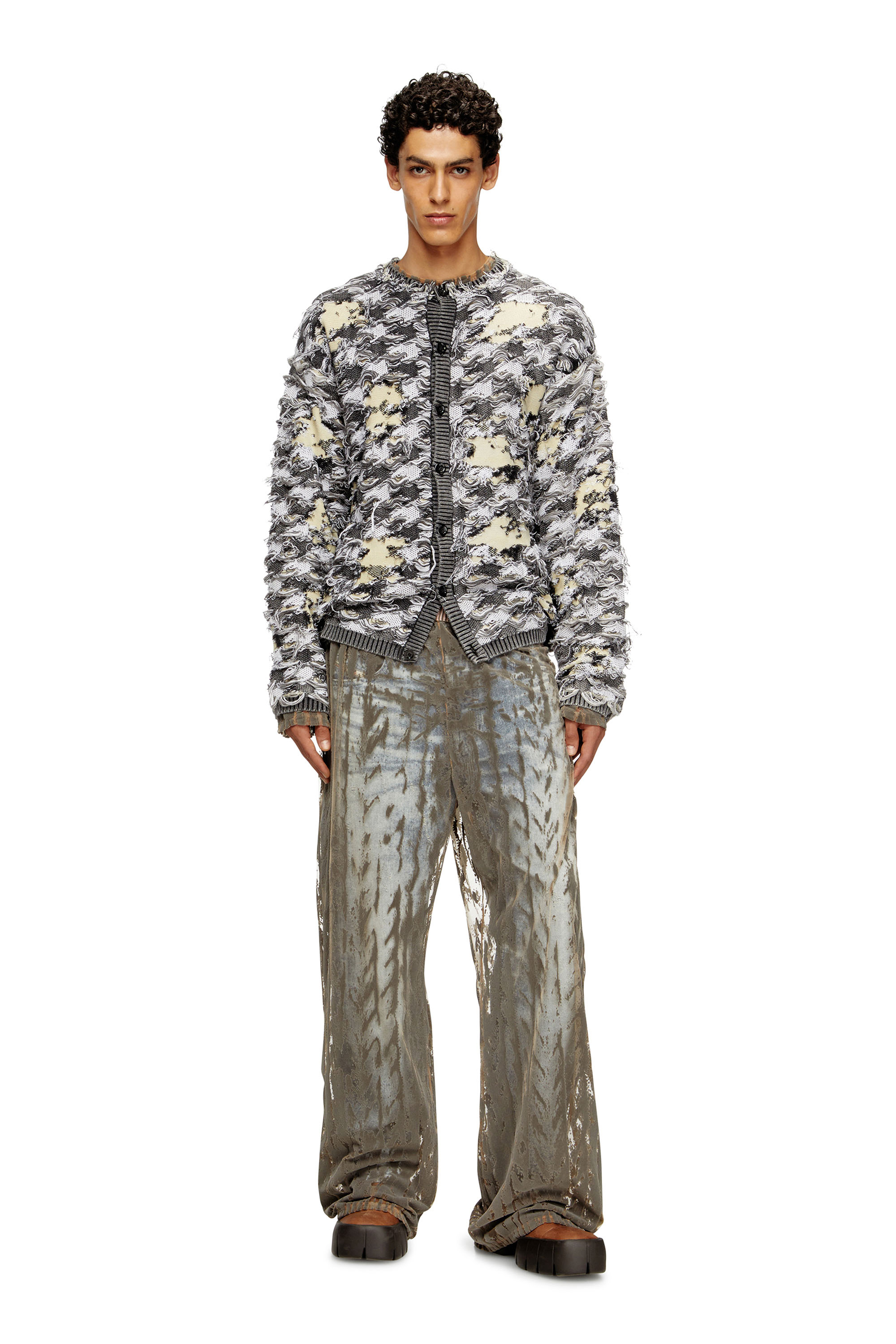 Diesel - K-VALBOR, Man's Cardigan in devoré houndstooth jacquard in Grey/White - 2