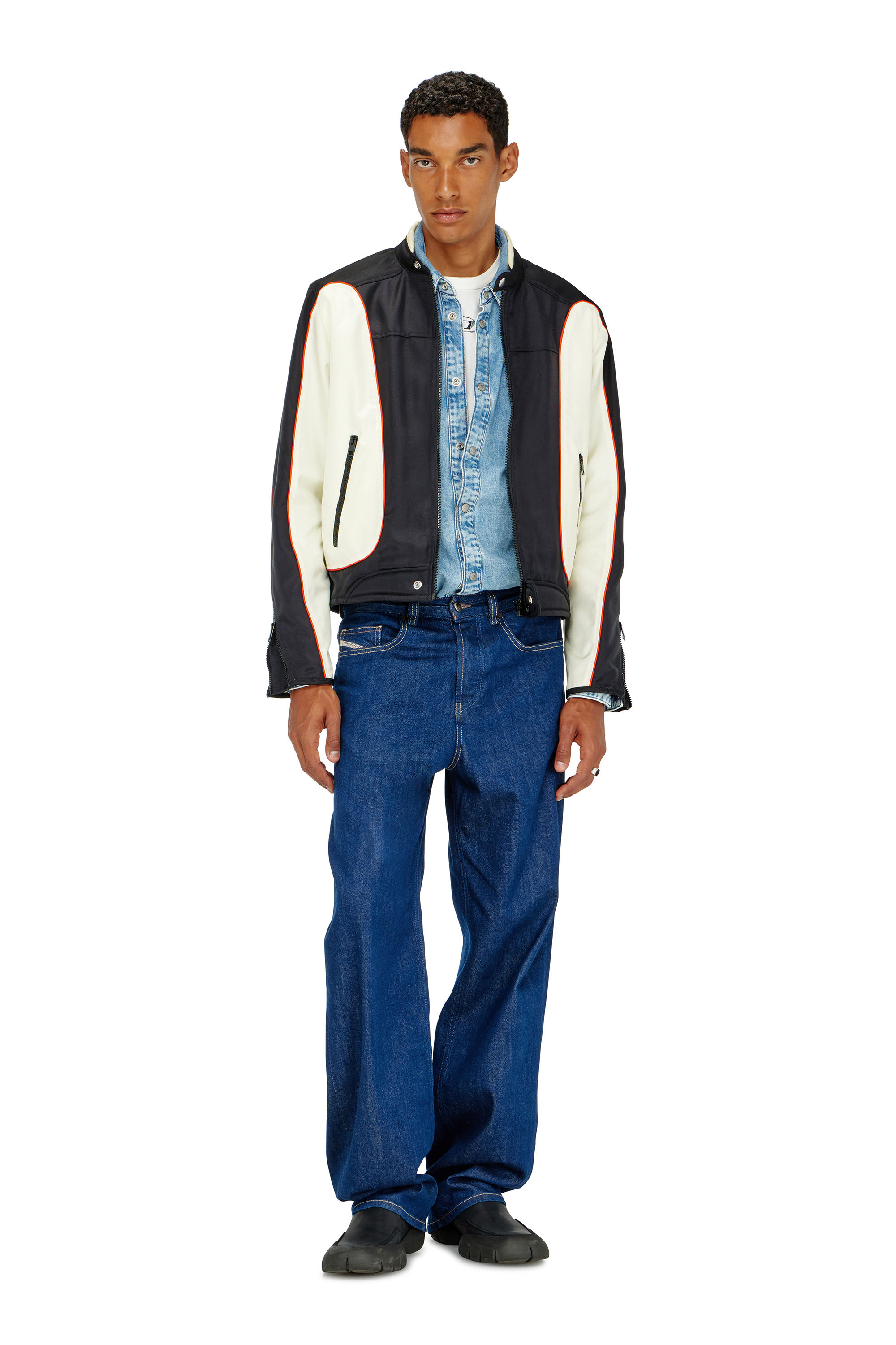 Diesel - J-BLINK-A, Man's Colour-block biker jacket with piping in White/Black - 2