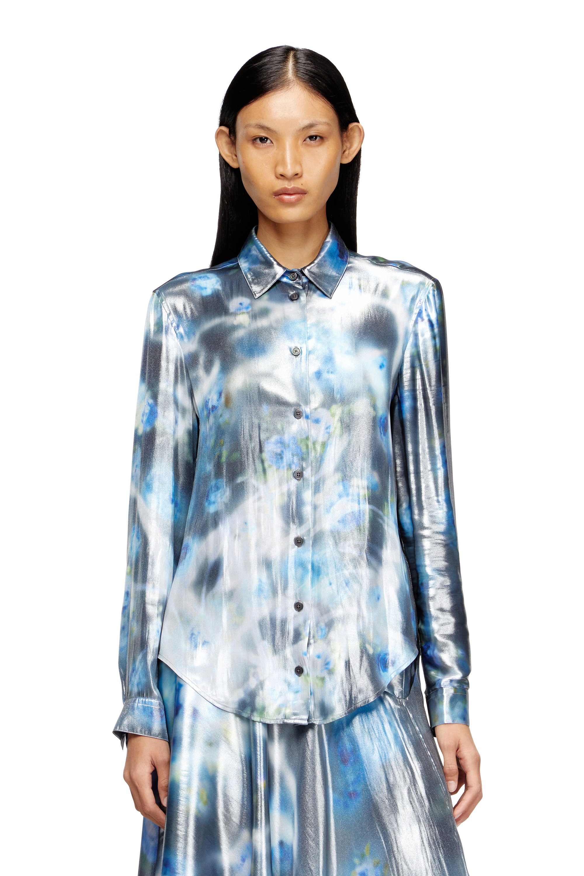 Diesel - C-RONOR-S2, Woman's Metallic shirt with blurred roses print in Blue - 1