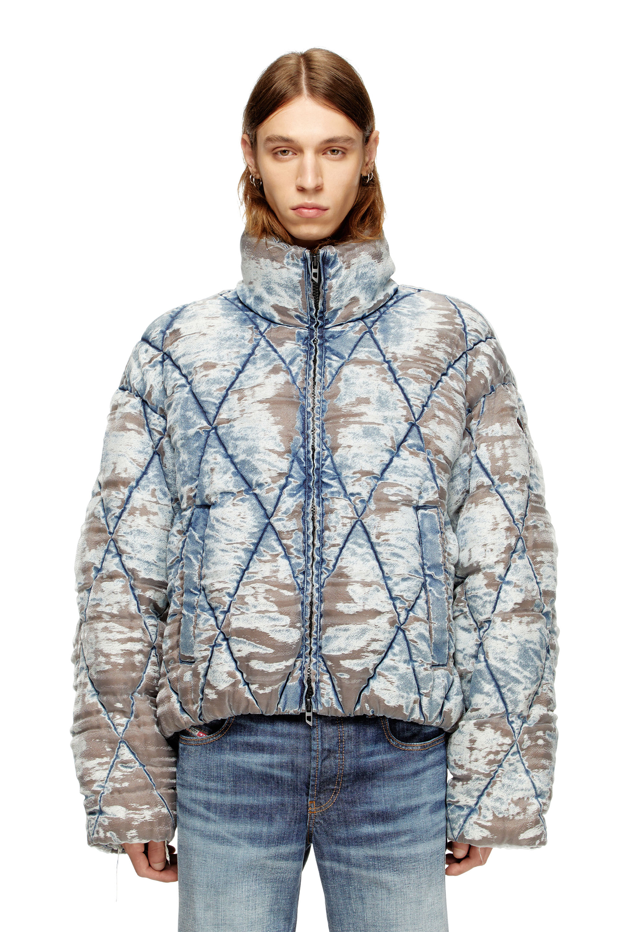 Diesel - W-KONS, Man's Padded jacket in argyle-quilted devoré denim in Light Blue - 3