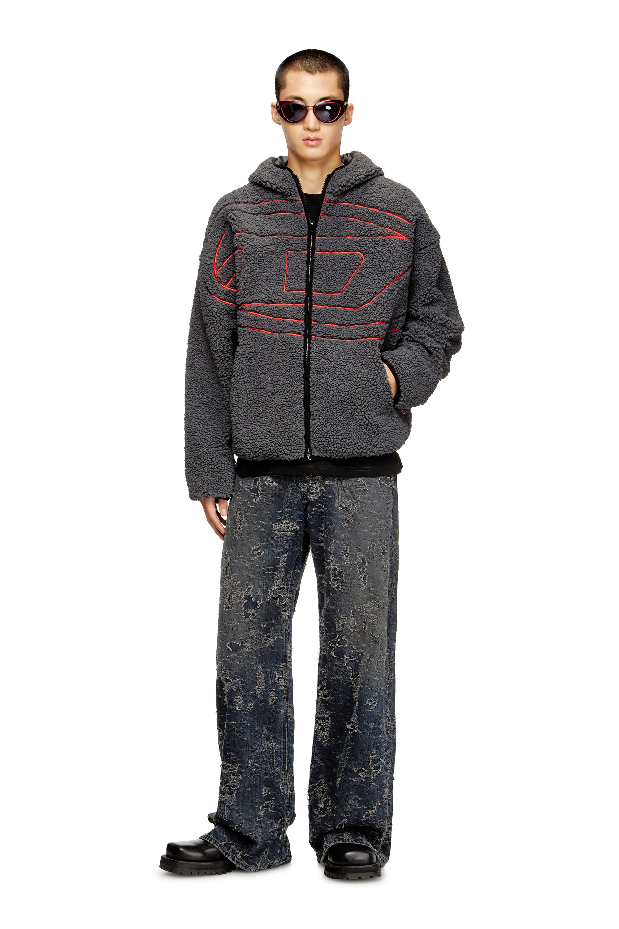 Diesel - S-ZAT, Man's Teddy hoodie sweatshirt in Dark grey - 1