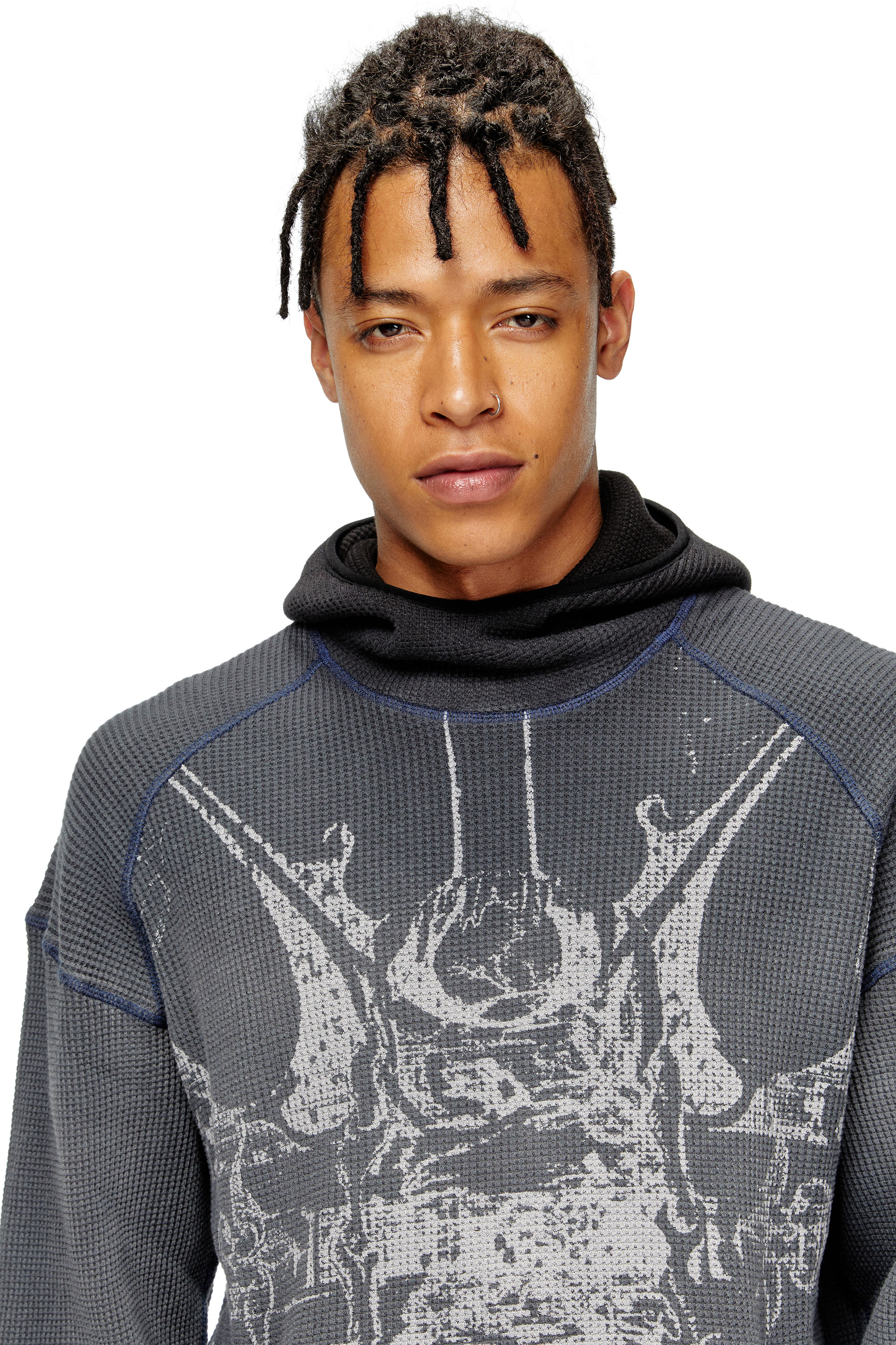 Diesel - S-WAF-HOOD-NEW, Man's Faded waffle hoodie with graphic print in Black - 3