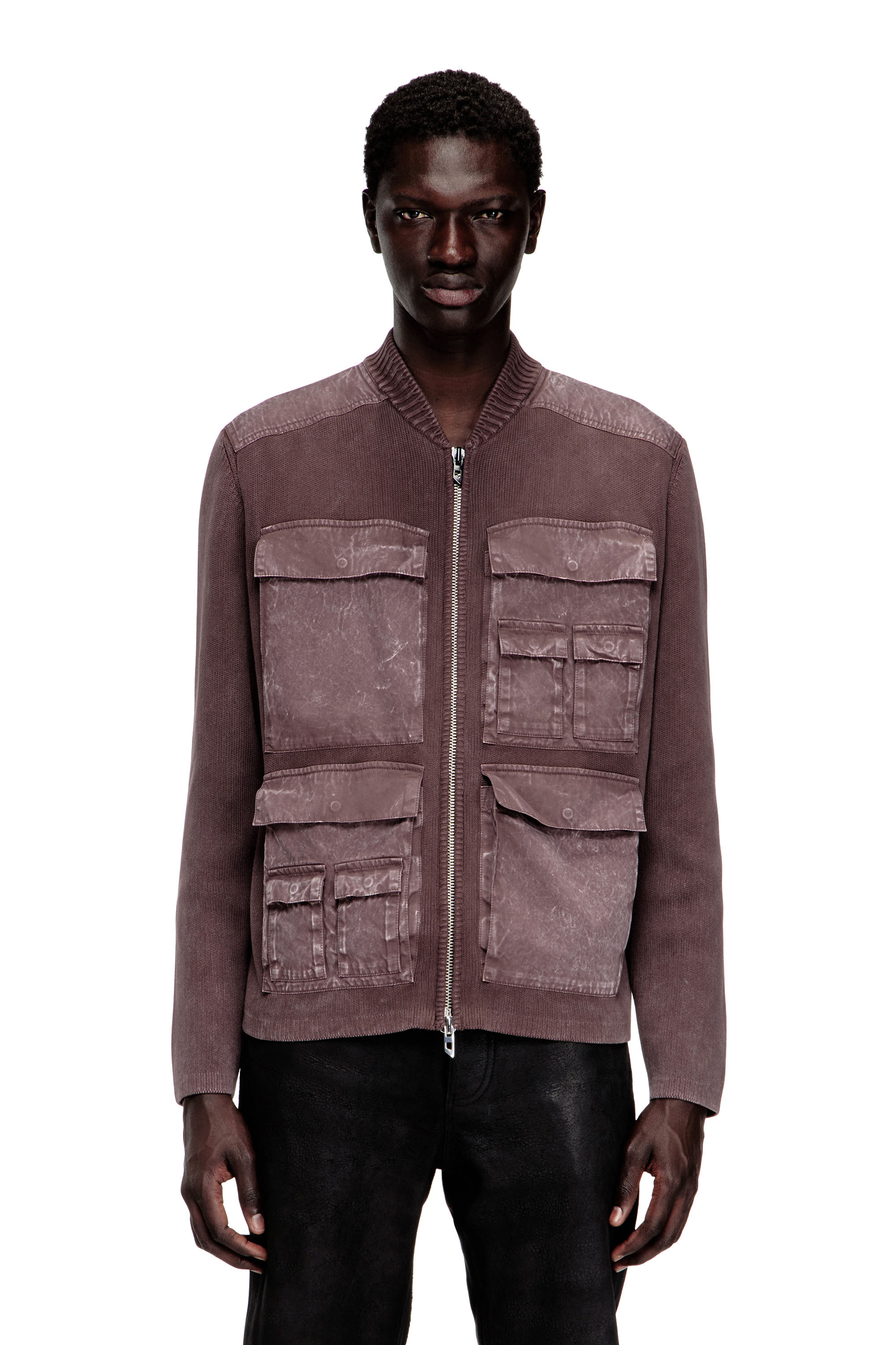 Diesel - K-GEROME, Man's Zip-up cardigan with cargo pockets in Brown - 1