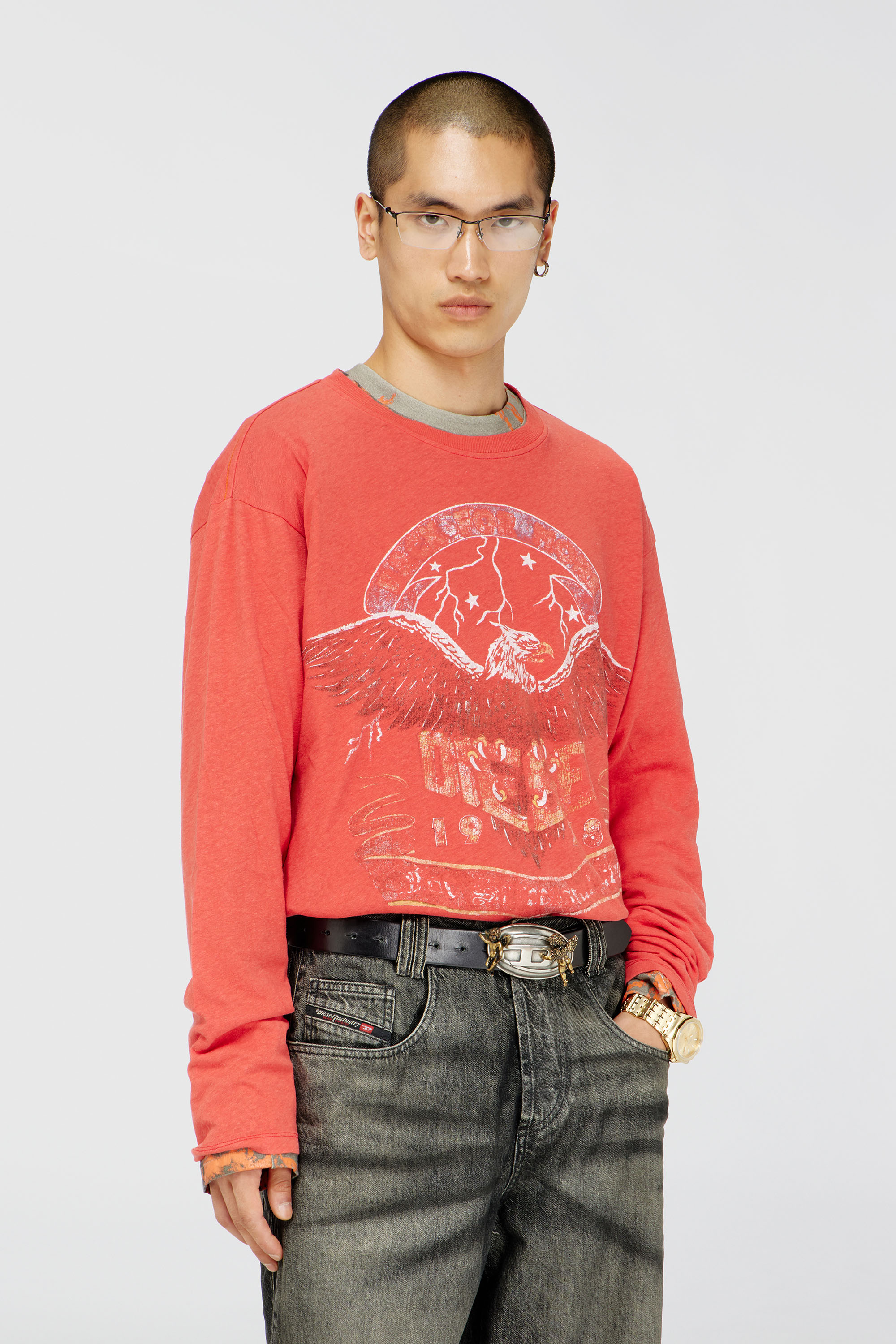 Diesel - T-GERI-LS, Man's Long-sleeve T-shirt with concert graphics in Coral Rose - 3