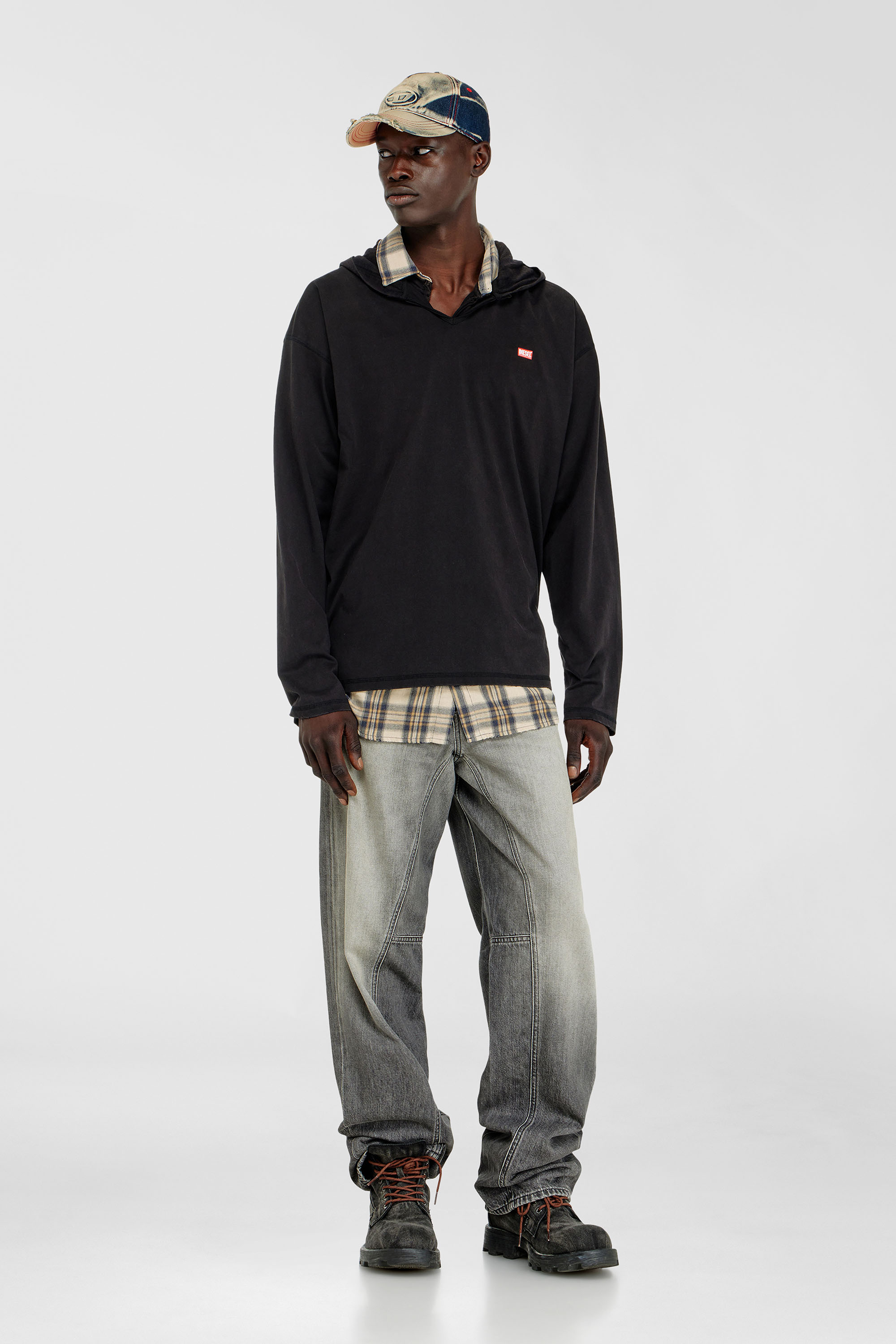 Long-sleeve T-shirt with flannel hood