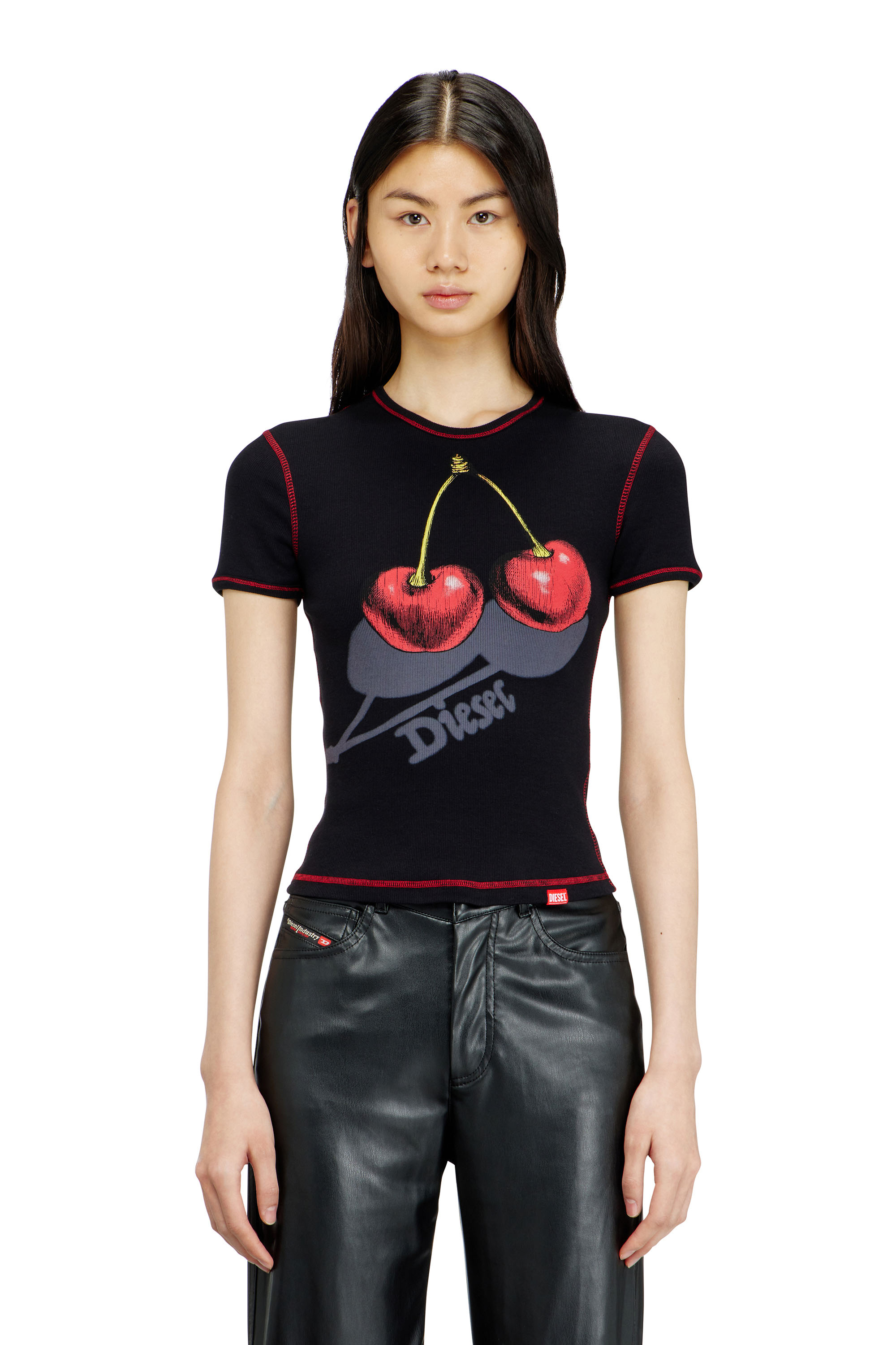 Diesel - SV-T-ELE-CHER, Woman's Slim cotton T-shirt with cherry print in Black - 1