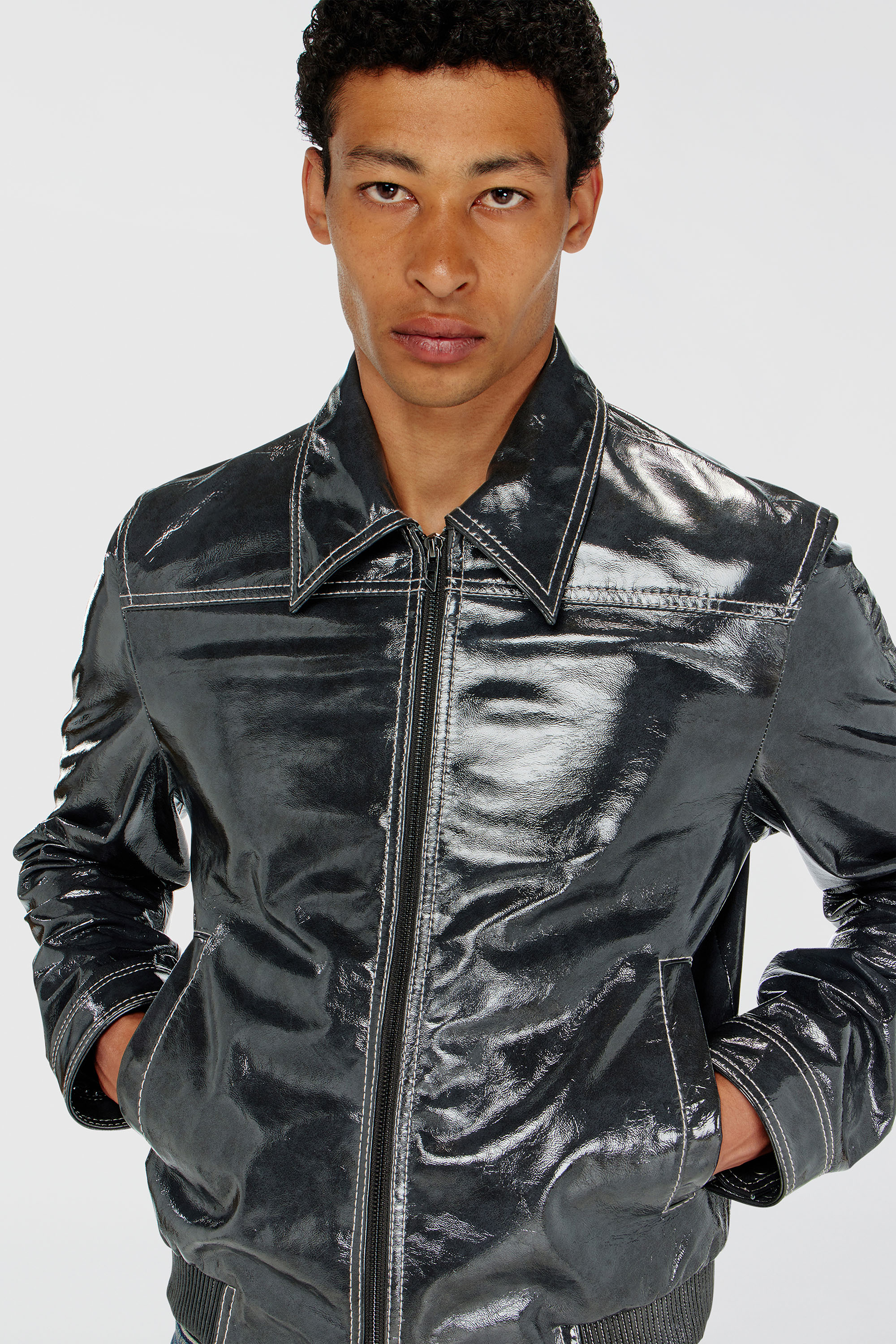 Diesel - L-ADDI, Man's Patent-leather jacket in Dark grey - 5