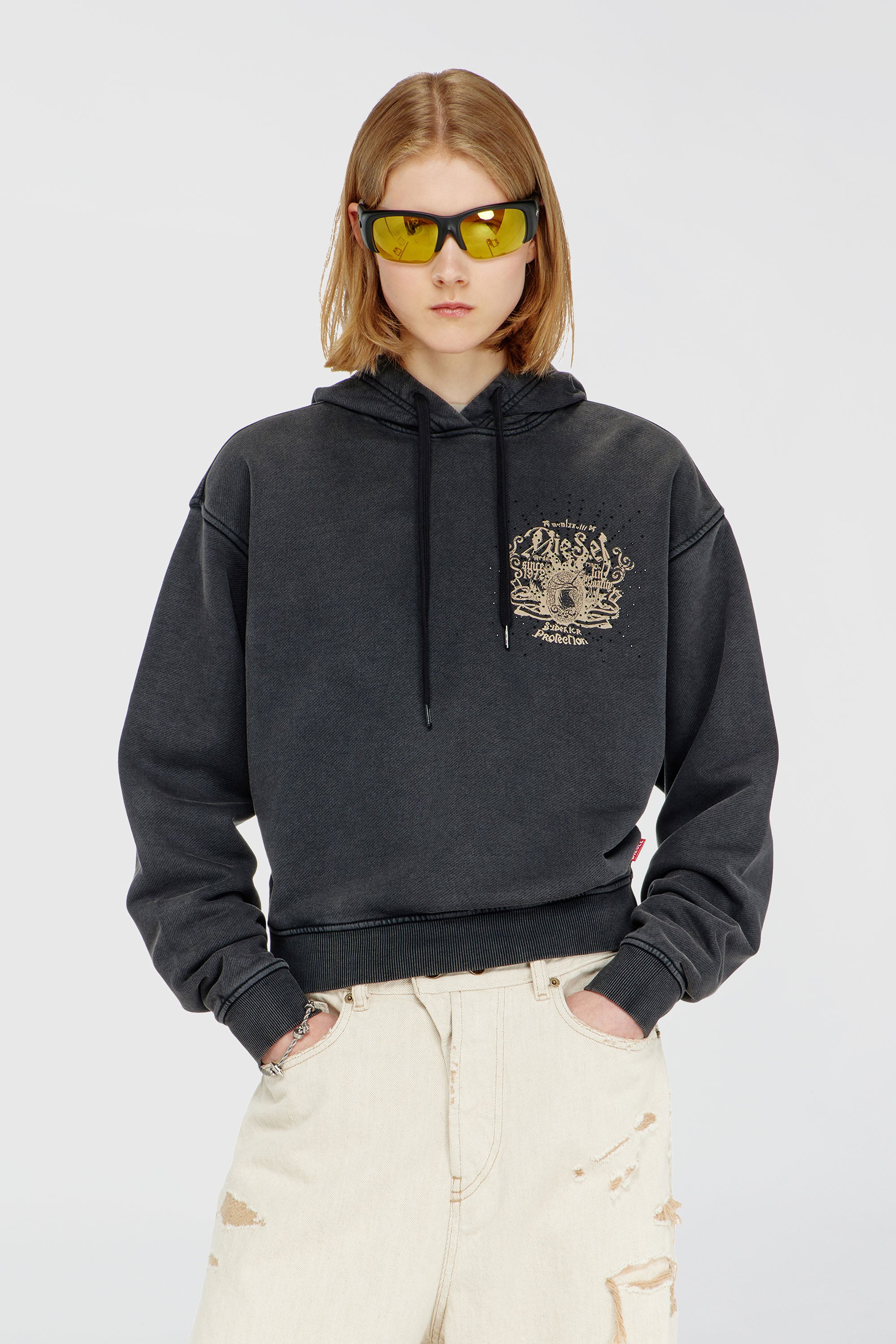 Diesel - F-PHOENY, Woman's Hoodie with prints and rhinestone studs in Black - 1