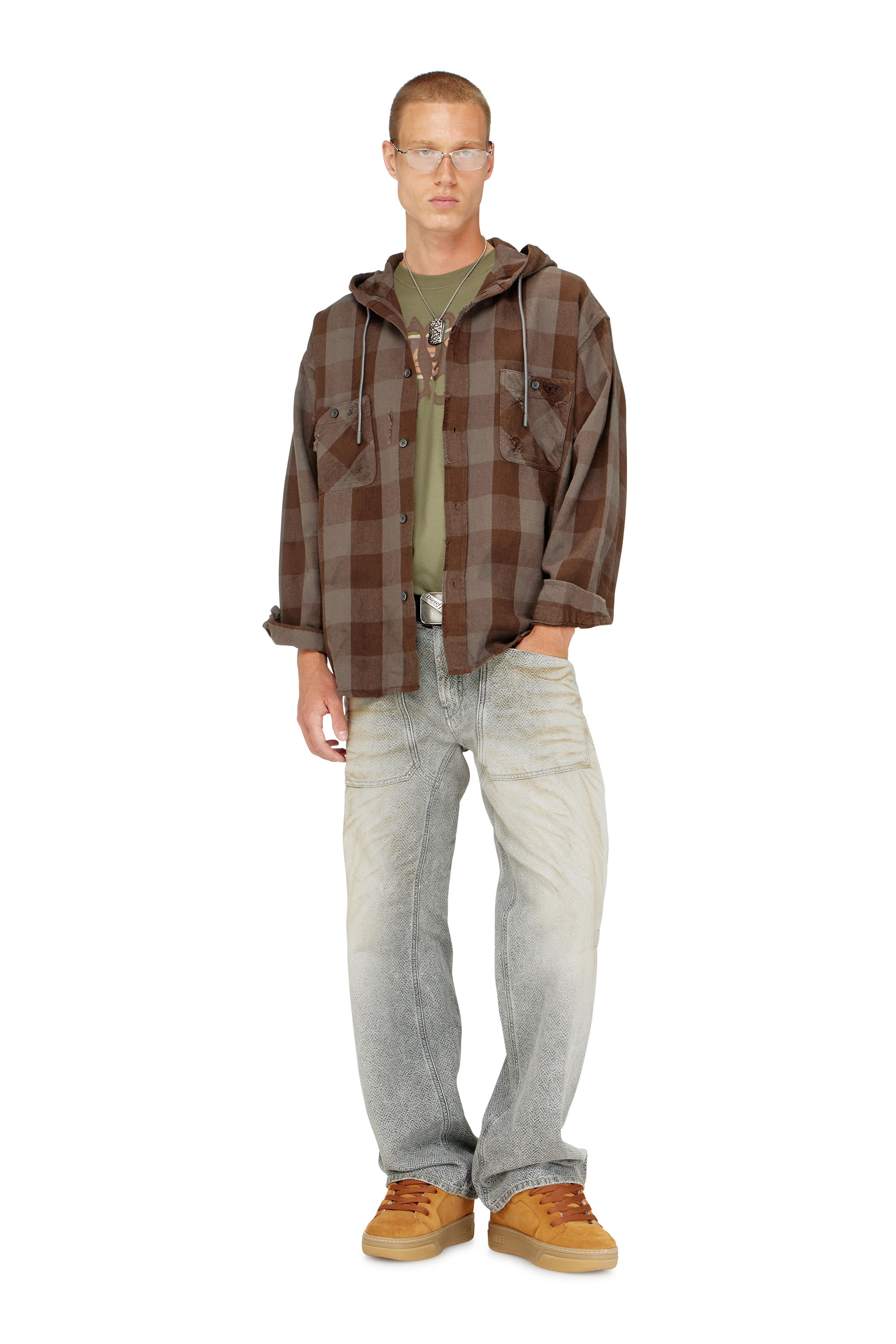 Diesel - S-DRUM-HOODY, Man's Distressed hooded shirt in check flannel in null - 2