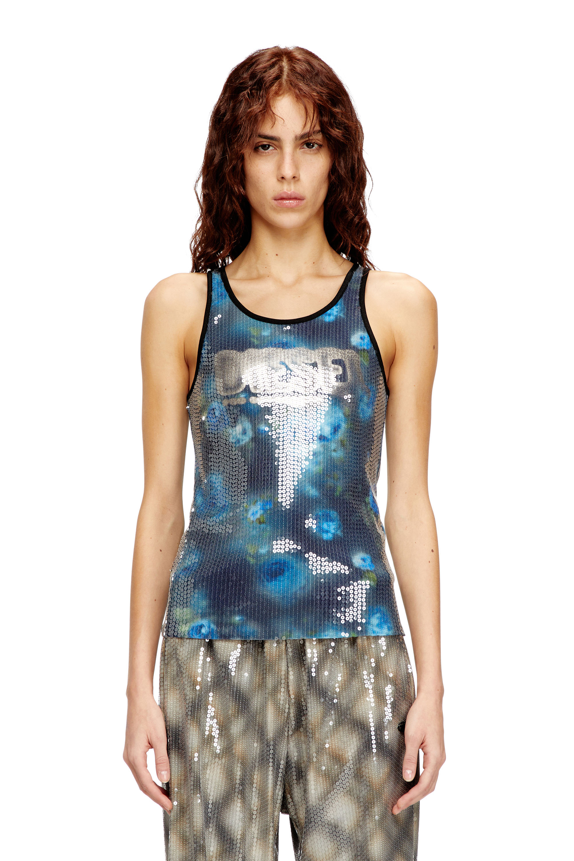 Diesel - T-UNKY, Woman's Floral print jersey top with sequins in null - 2