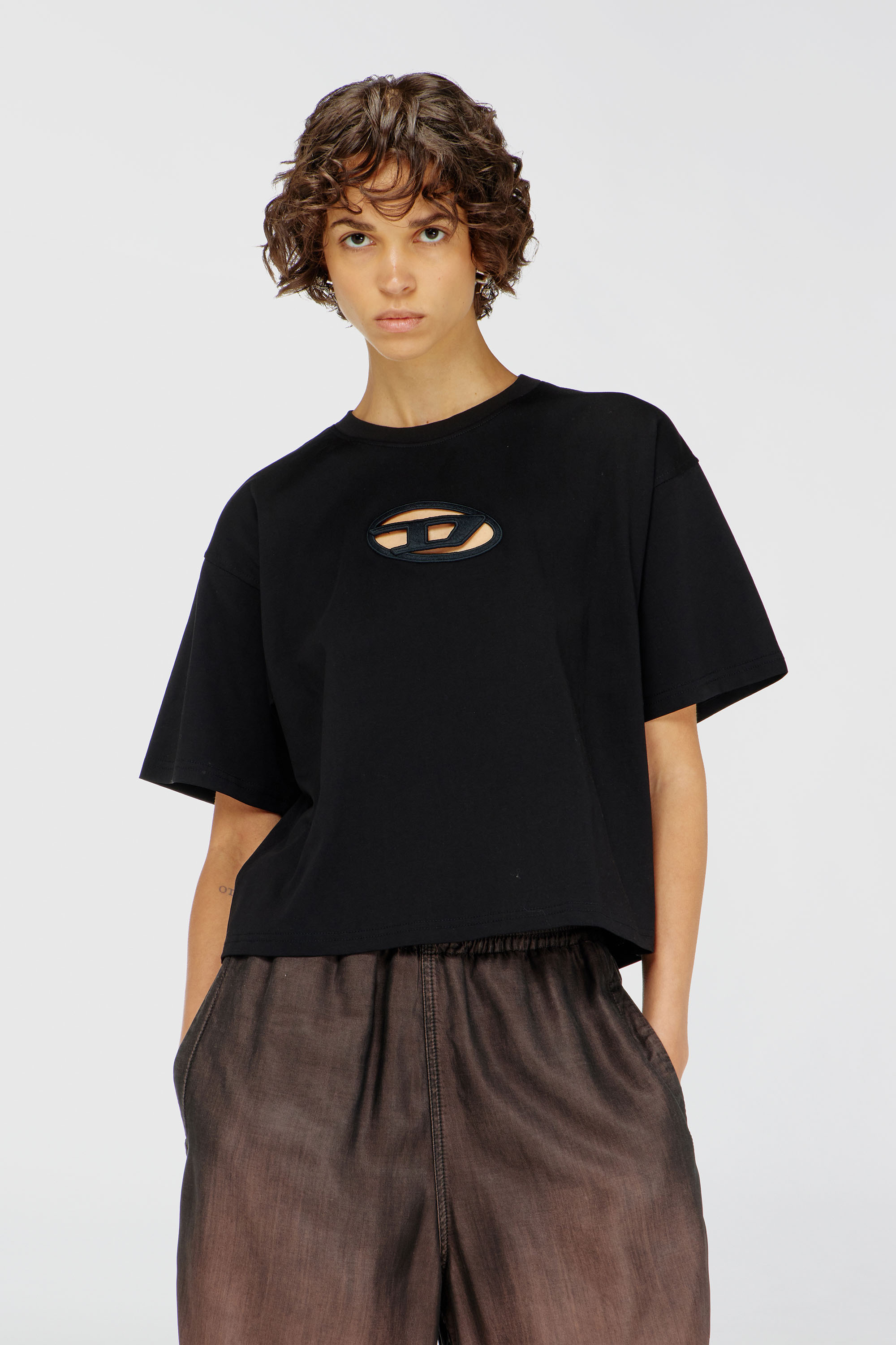 Diesel - T-BUXT-CROP-OD, Woman's Boxy T-shirt with cut-out Oval D logo in Black - 1