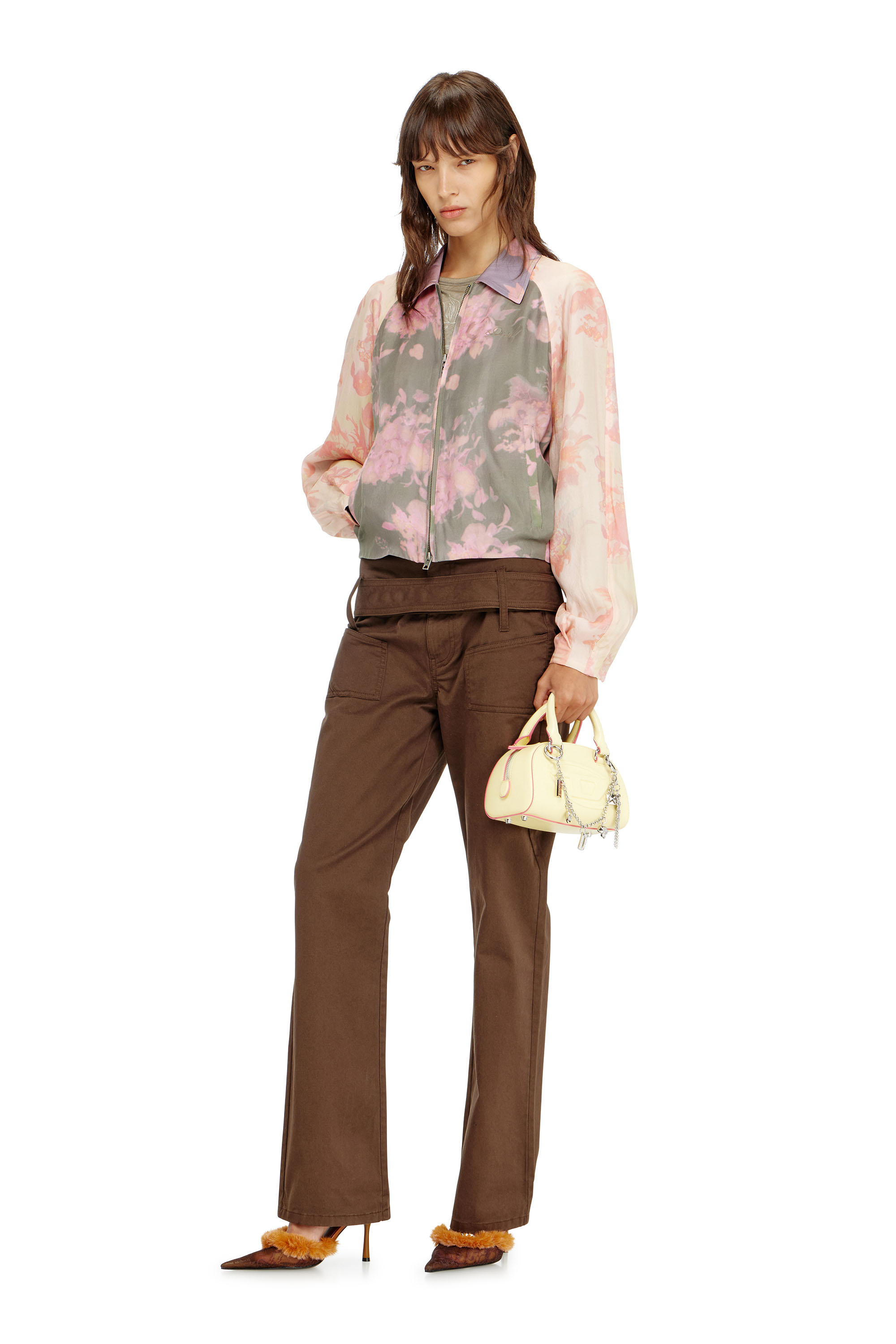 Diesel - G-ALENA, Woman's Floral bomber jacket in crinkled acetate in Green/Pink - 1