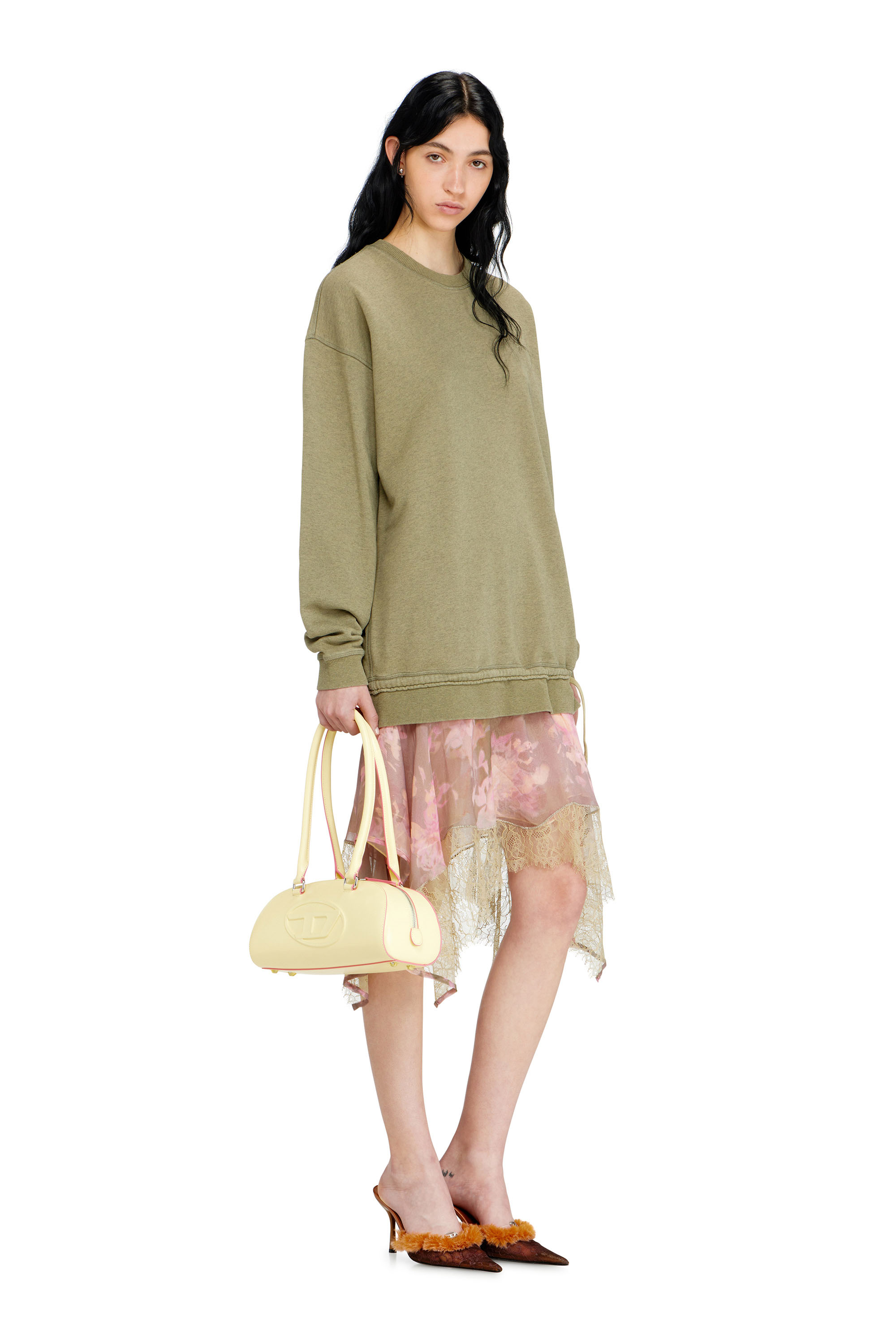 Diesel - D-ORELY, Woman's Sweatshirt dress with chiffon and lace skirt in Green/Pink - 1