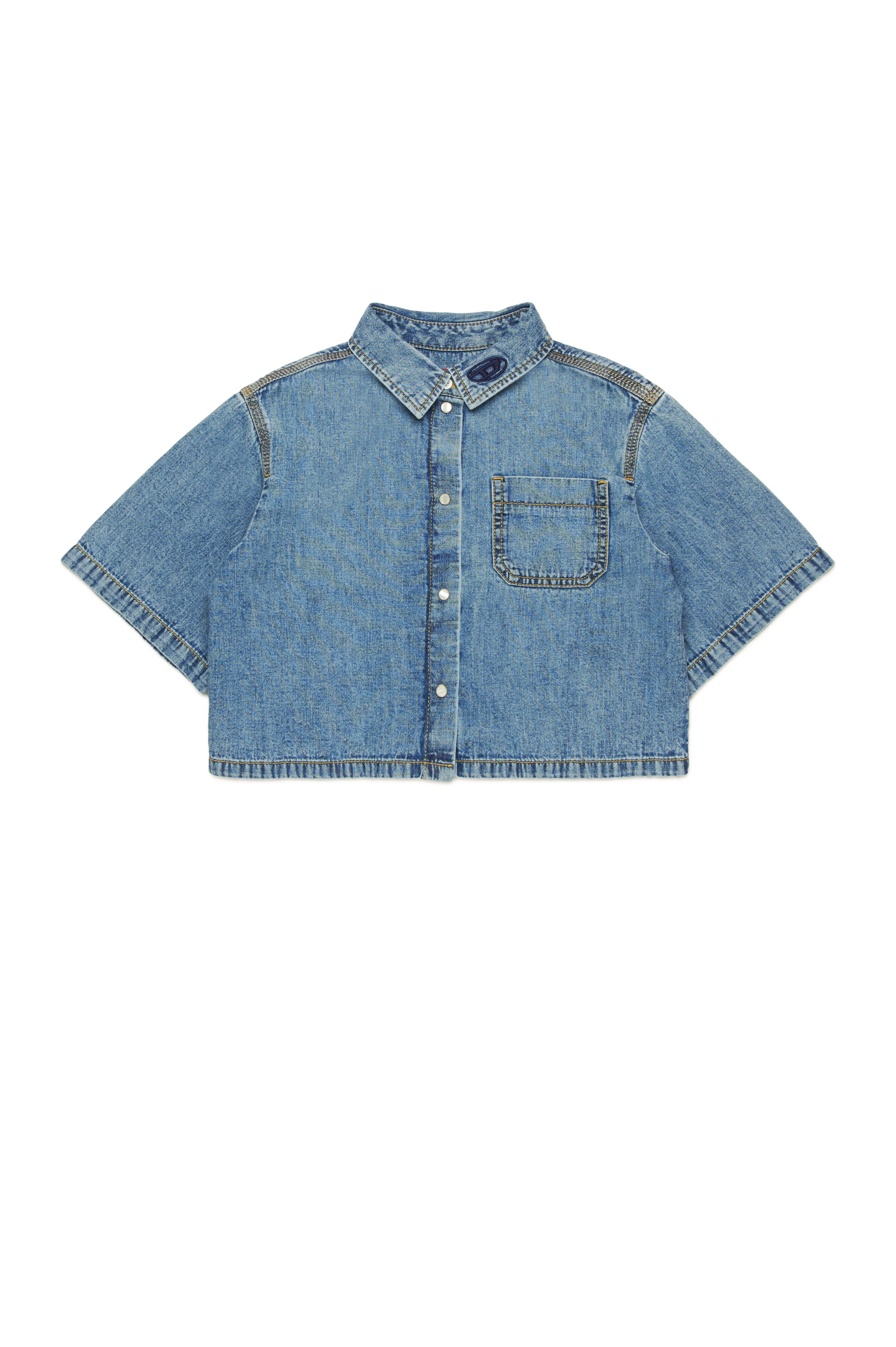 Diesel - CINNIX, Woman's Cropped denim shirt with logo collar in Medium blue - 1