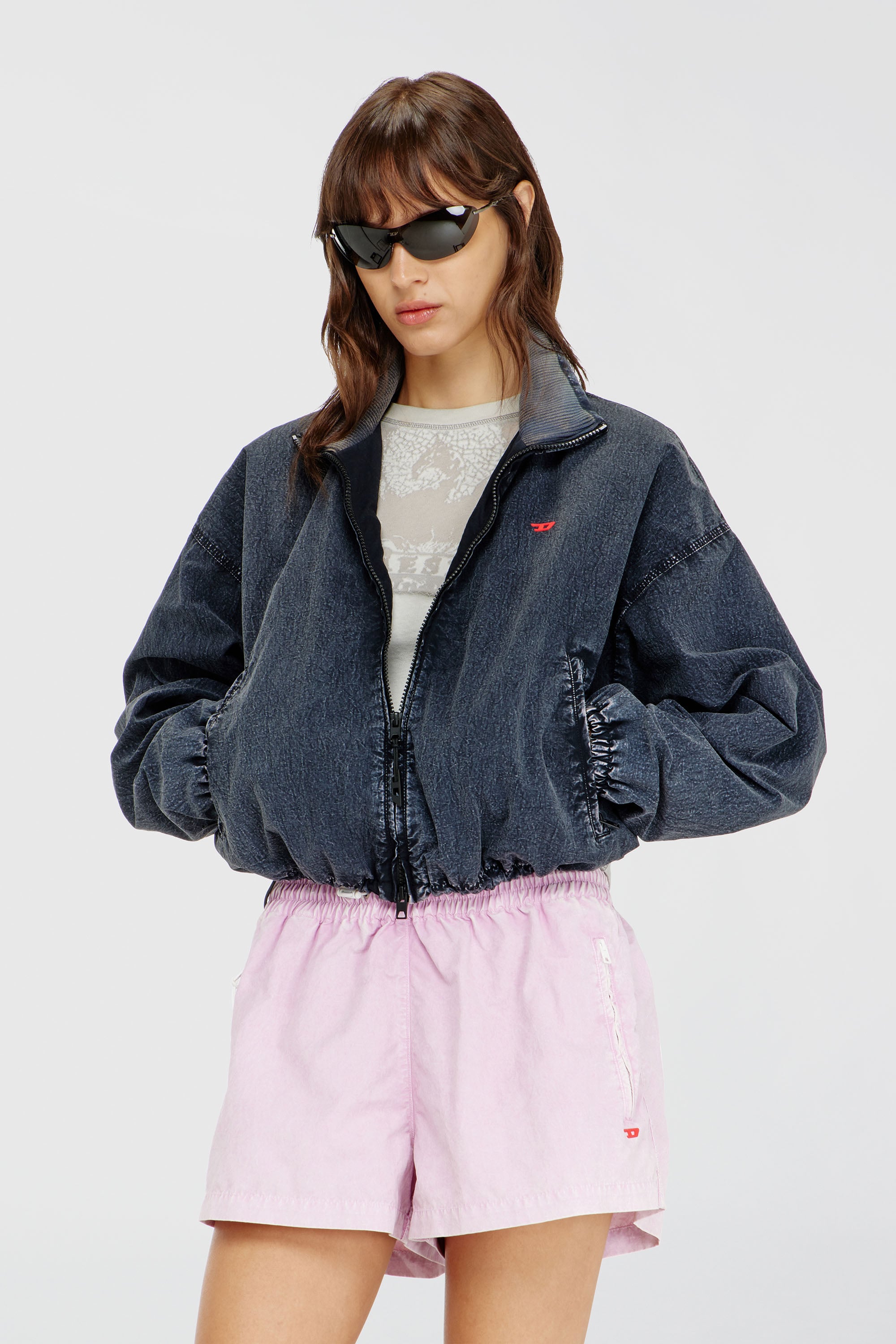 Diesel - G-LEAMER, Woman's Windbreaker jacket in acid-wash Taslan in Dark Blue - 1