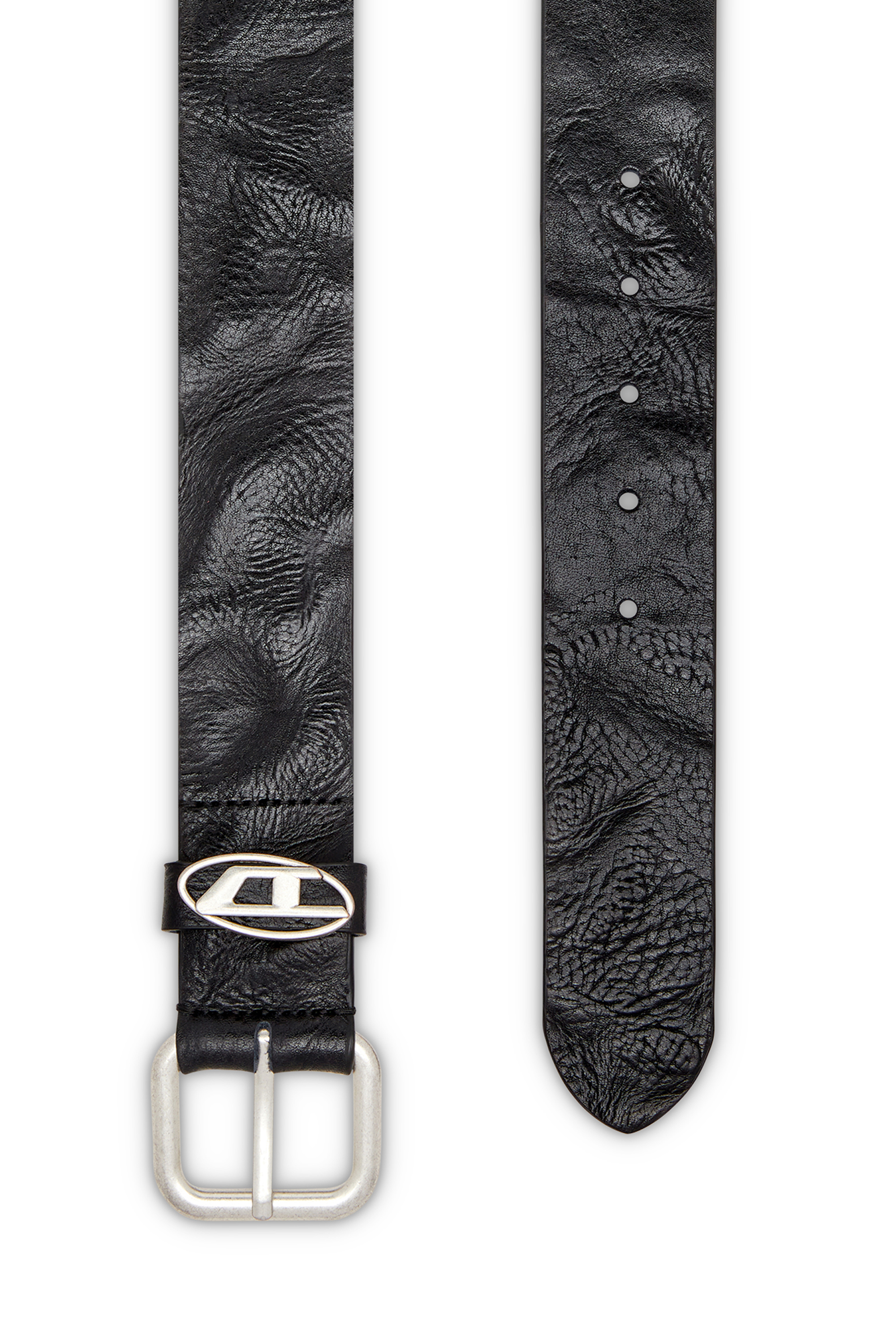 Diesel - B-1DR OVAL D LOOP, Unisex's Logo-plaque wrinkled leather belt in Black - 2
