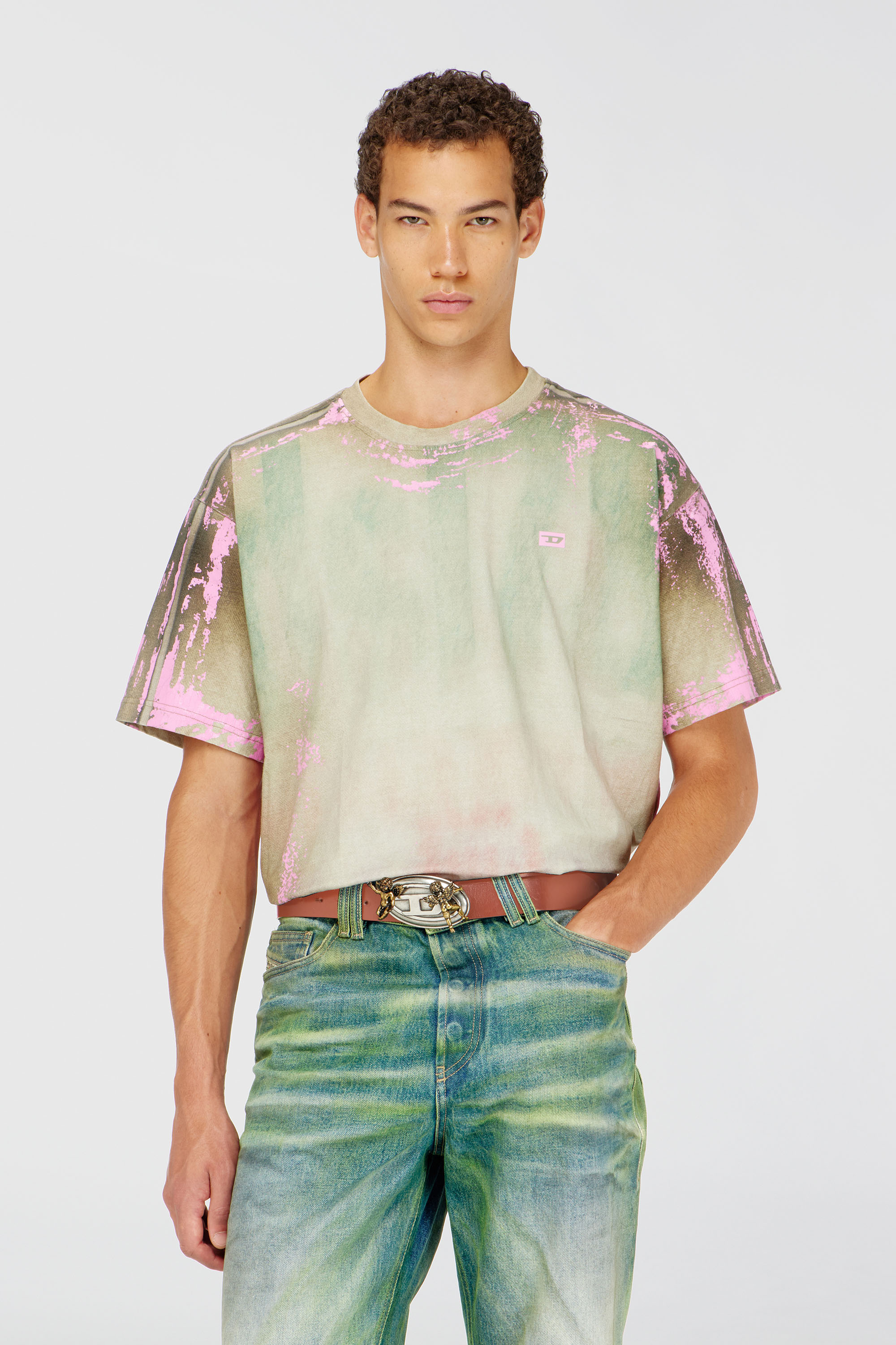 Diesel - T-FILMY-SHO, Man's T-shirt in cracked leather-effect jersey in Pink/Green - 3