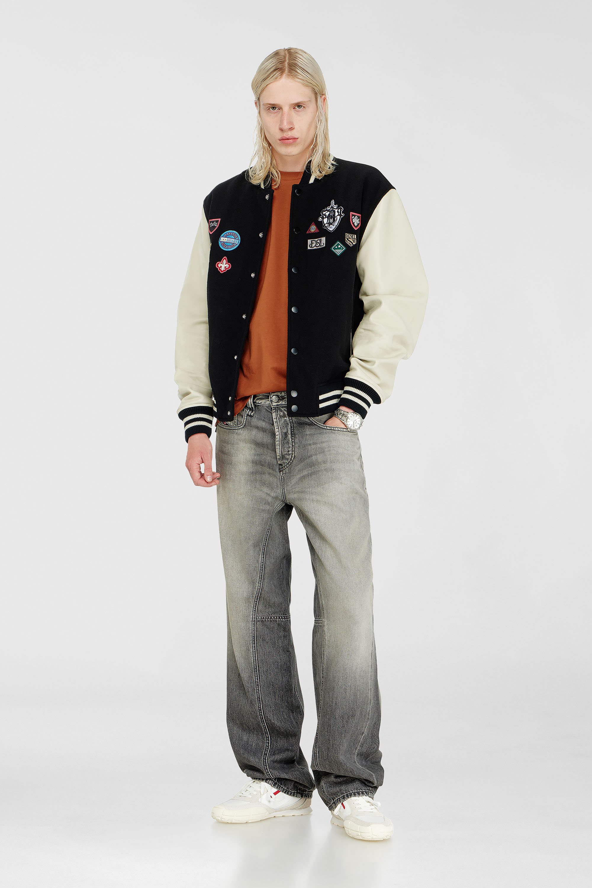 Wool and leather bomber jacket with patches