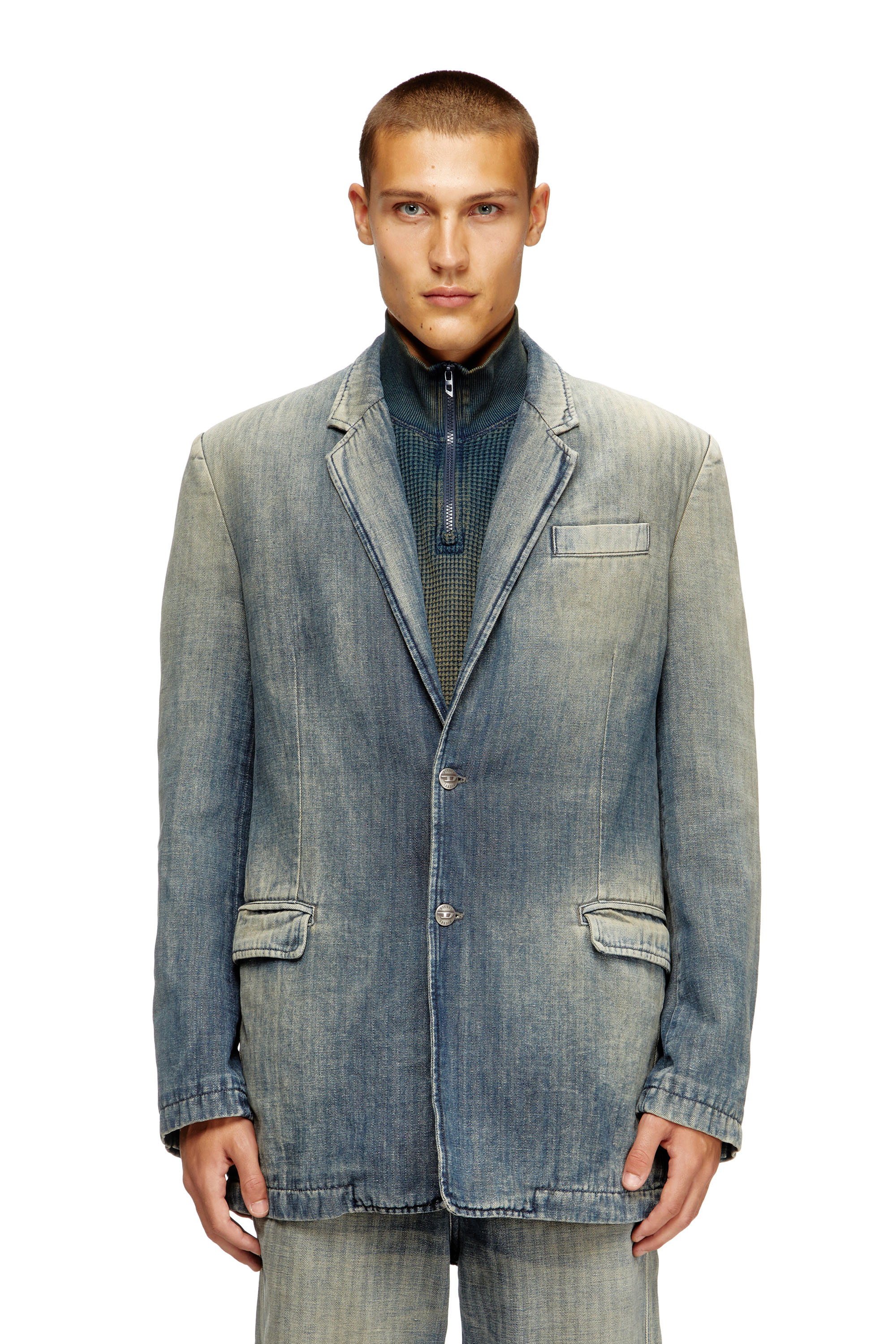Diesel - D-REGER-D, Unisex's Blazer in dirt-effect herringbone denim in Grey/Blue - 1
