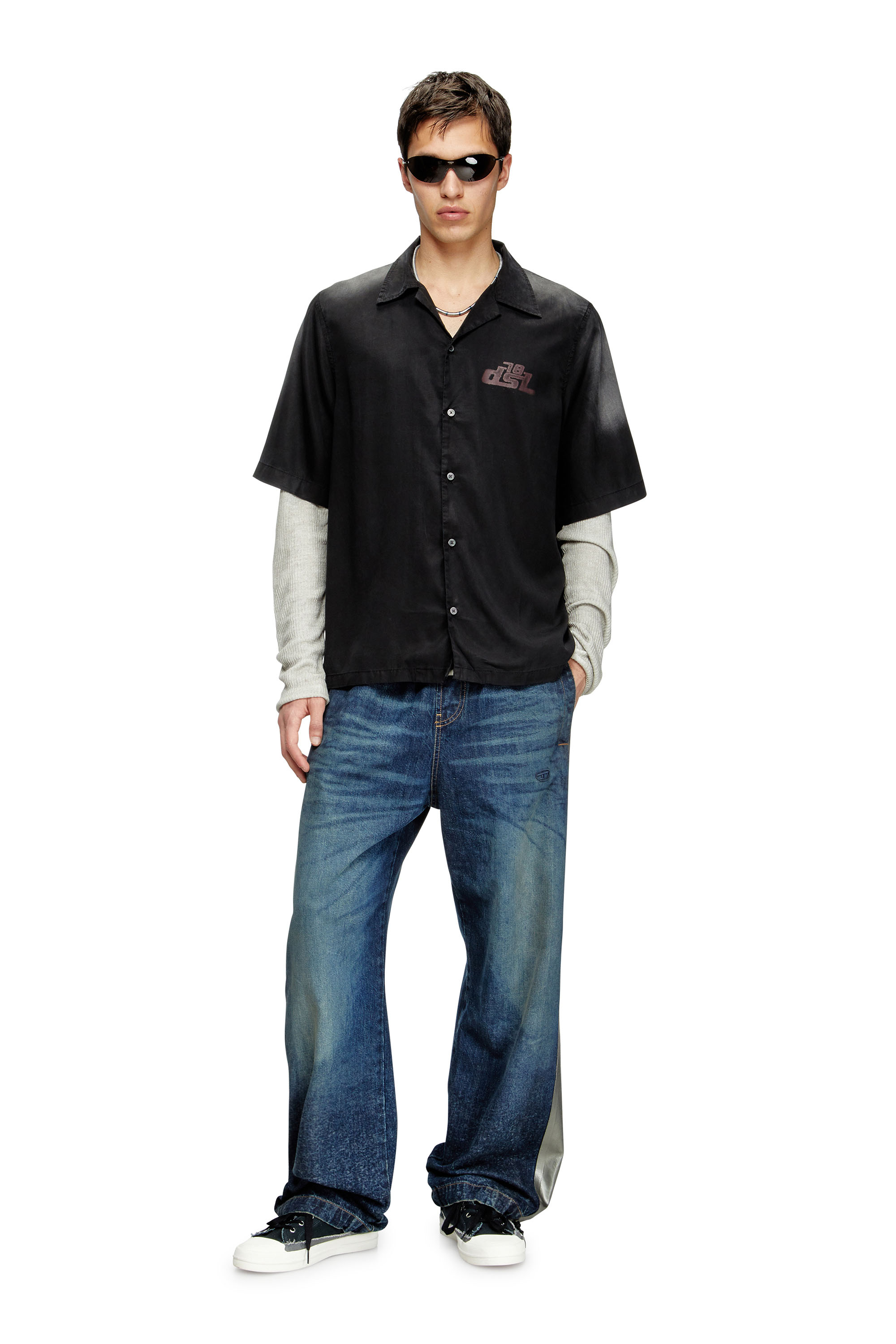 Diesel - S-ELLY, Man's Faded bowling shirt with logo prints in Black - 2