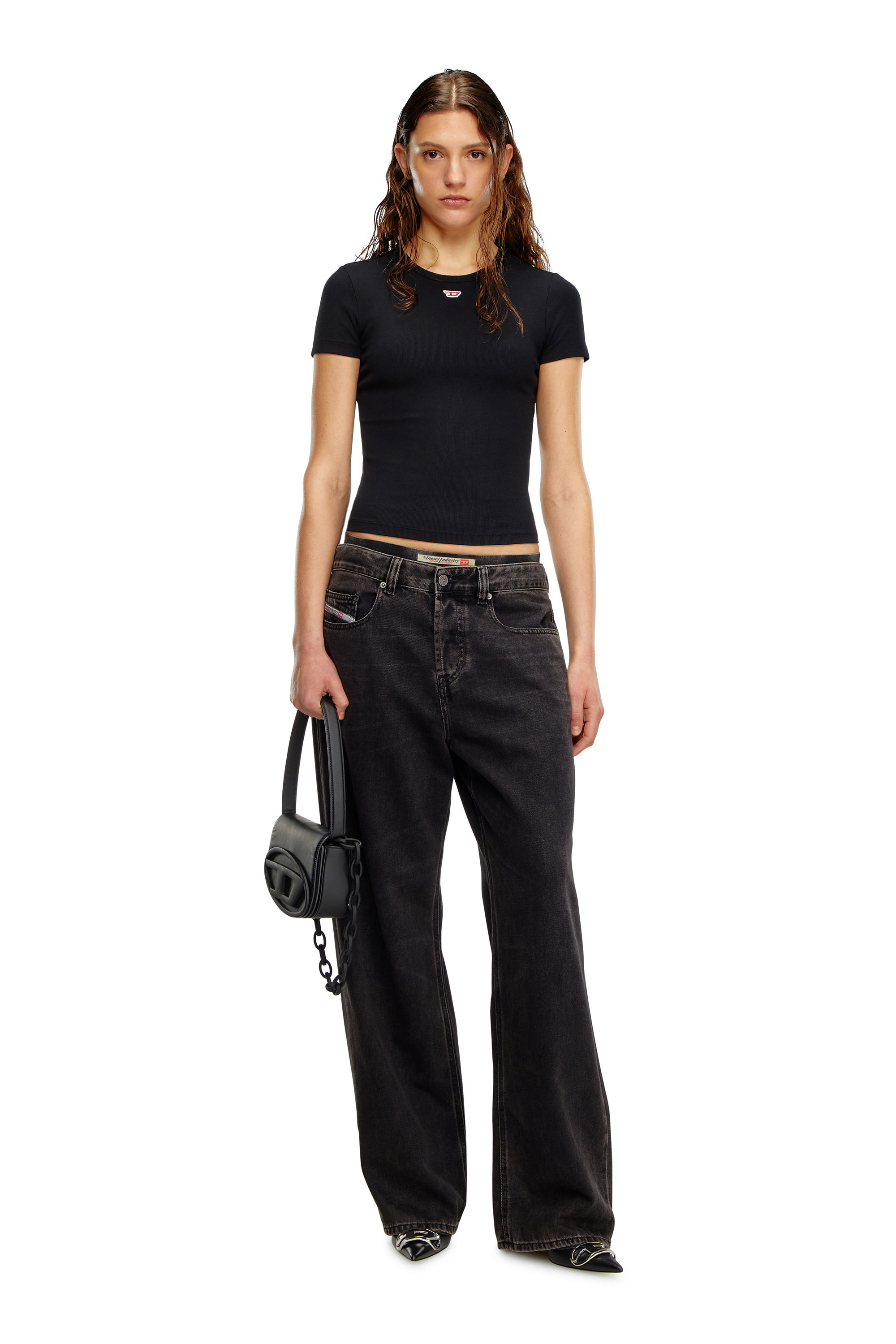 Diesel - T-ELE-LONG-D, Woman's T-shirt with D logo patch in Black - 1