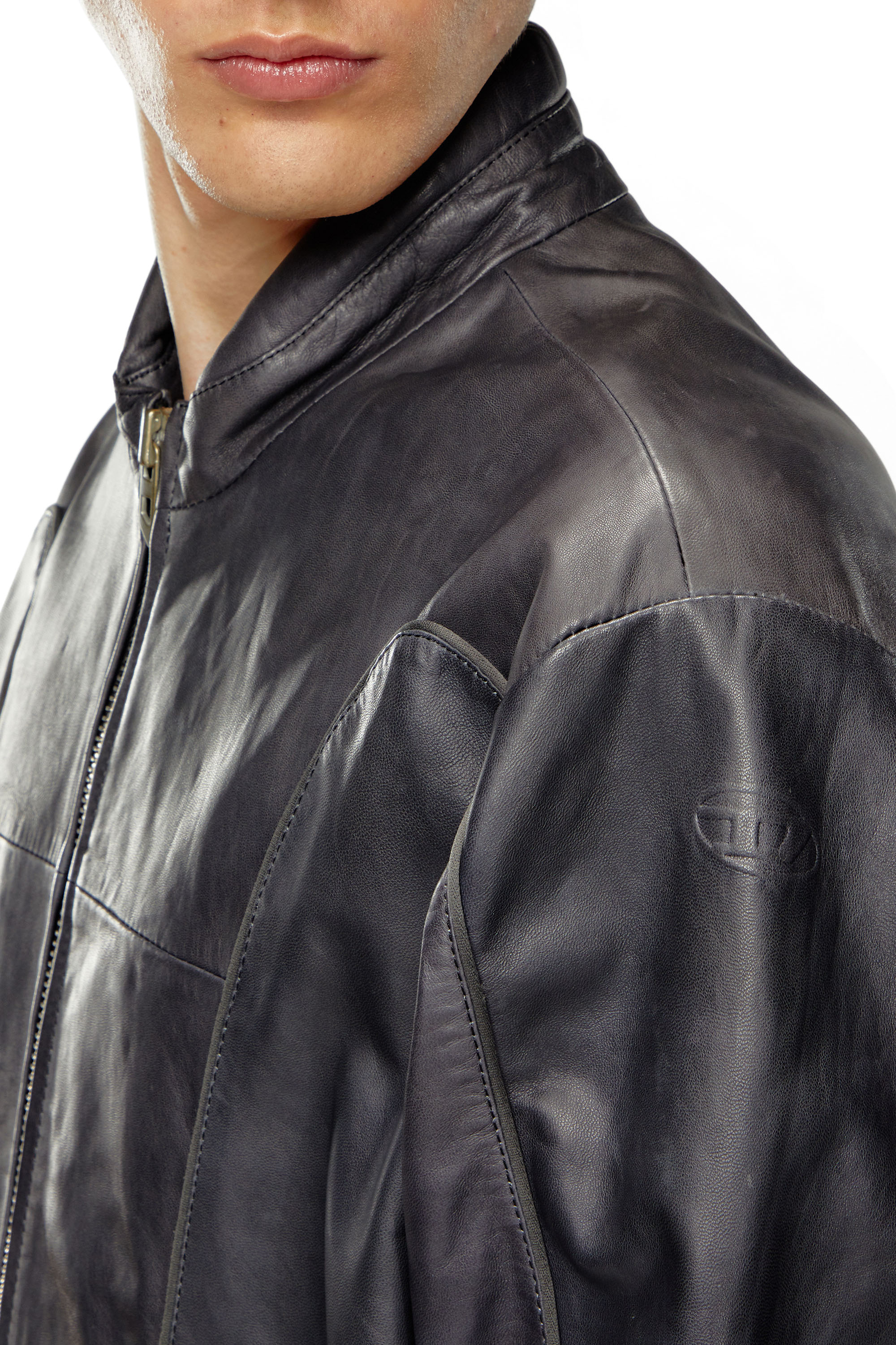 Diesel - L-KRIX, Man's Leather biker jacket with piping in Black - 5