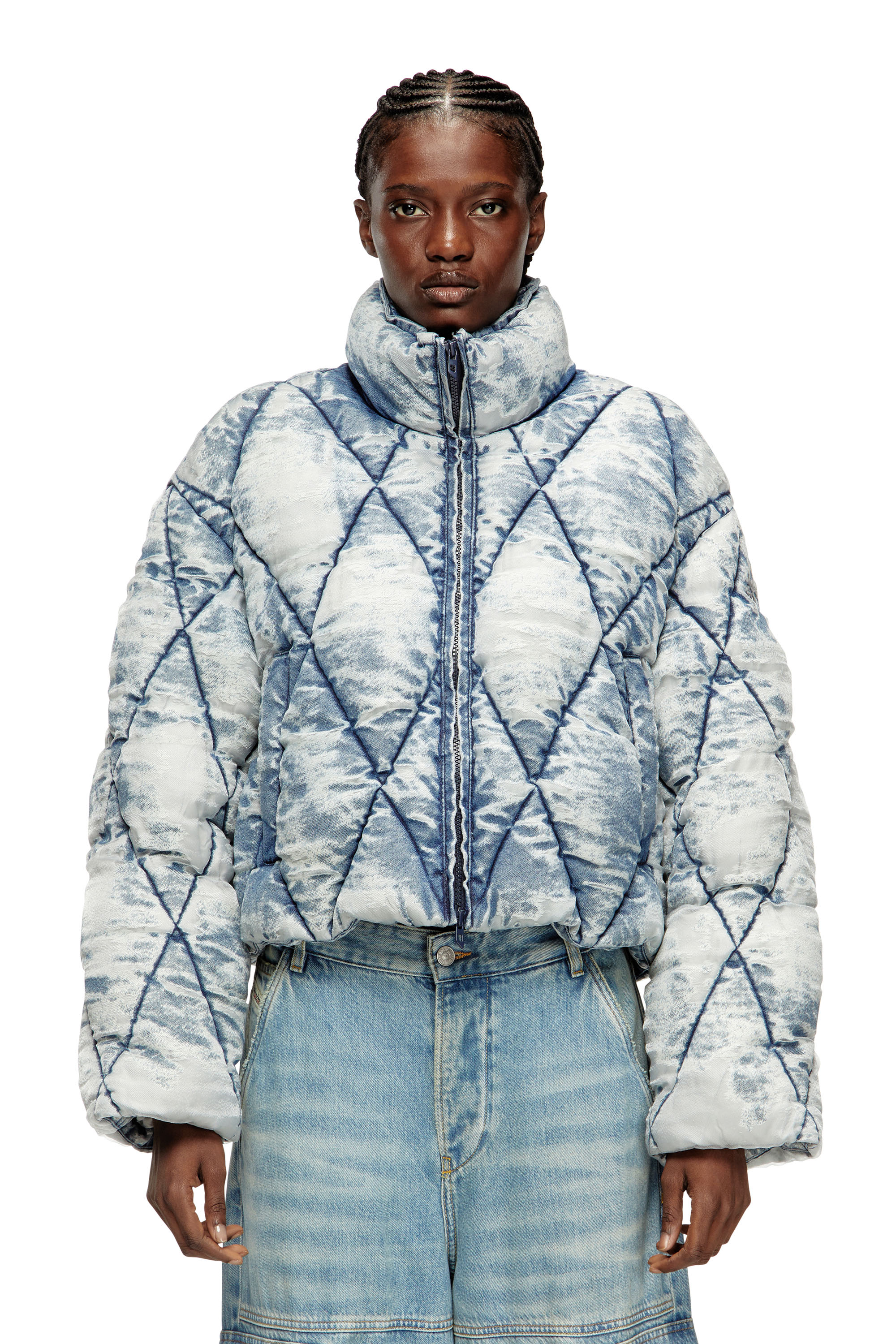 W-HISTEL, Light Blue Diesel - W-HISTEL, Woman's Puffer jacket in argyle-quilted devoré shell in Light Blue - 3