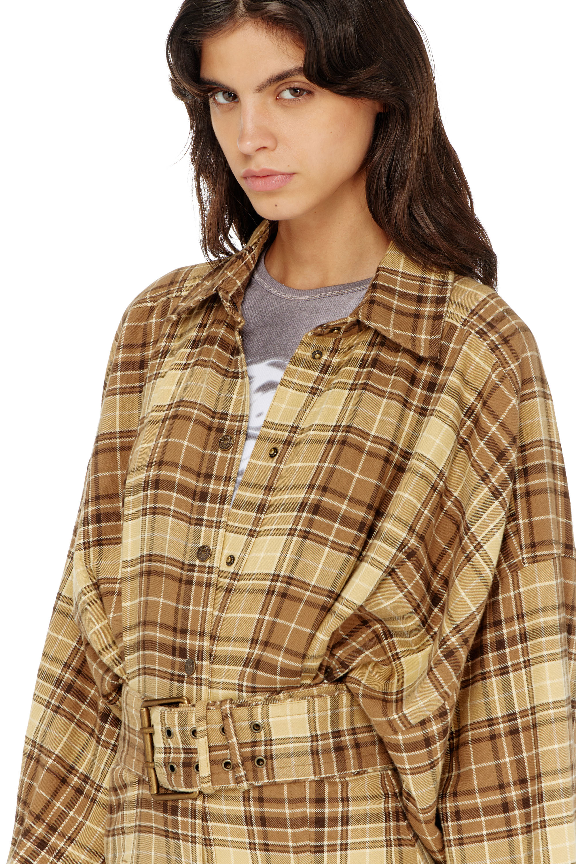 Diesel - D-EDALUS, Woman's Midi dress in check flannel with wide belt in Brown/Yellow - 5