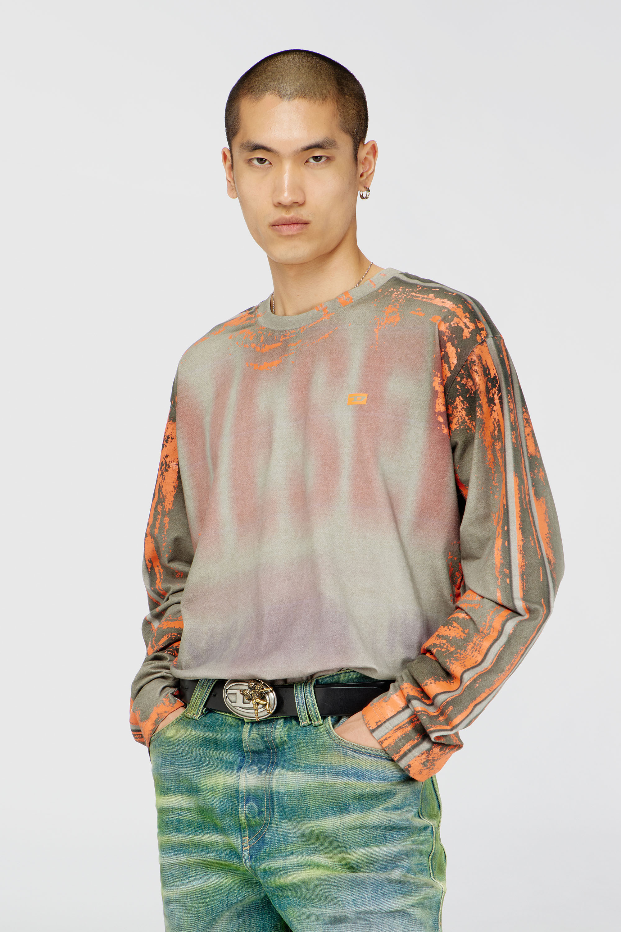 Diesel - T-FILMY, Man's Long-sleeve T-shirt in cracked jersey in Grey/Orange - 3
