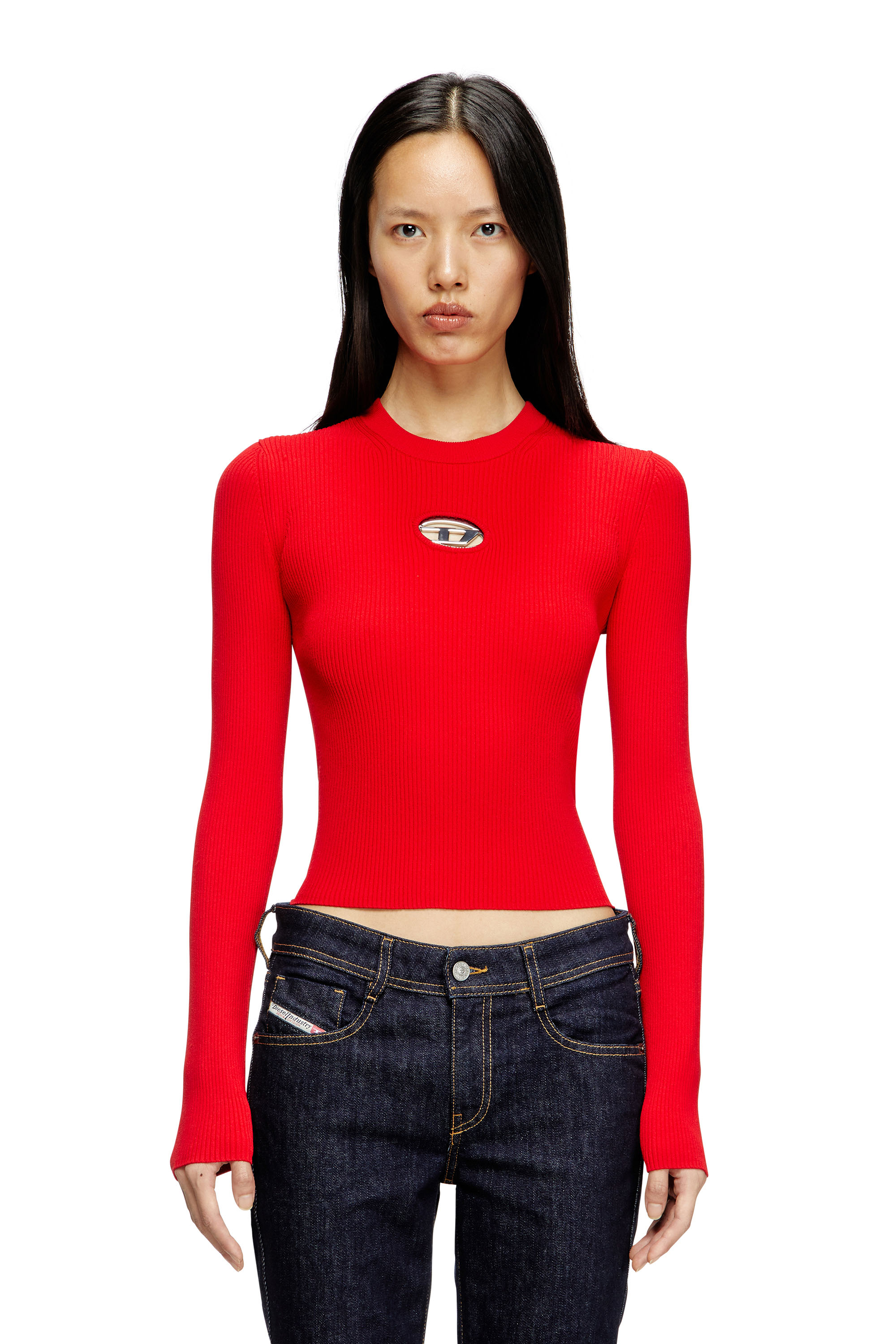 Diesel - M-VALARI, Woman's Rib-knit viscose-blend top with Oval D in Red - 1